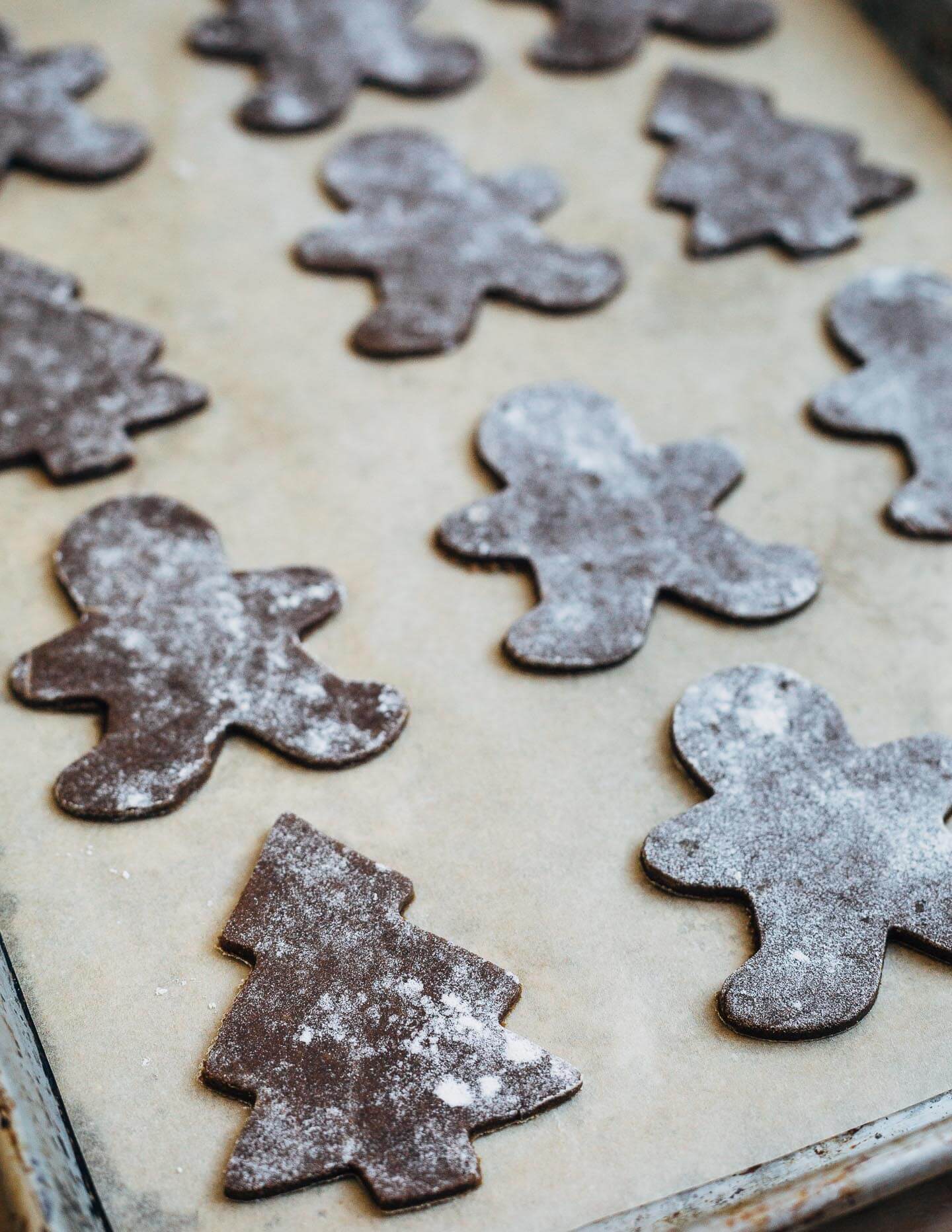 Cut gingerbread cookies, ready to bake. 
