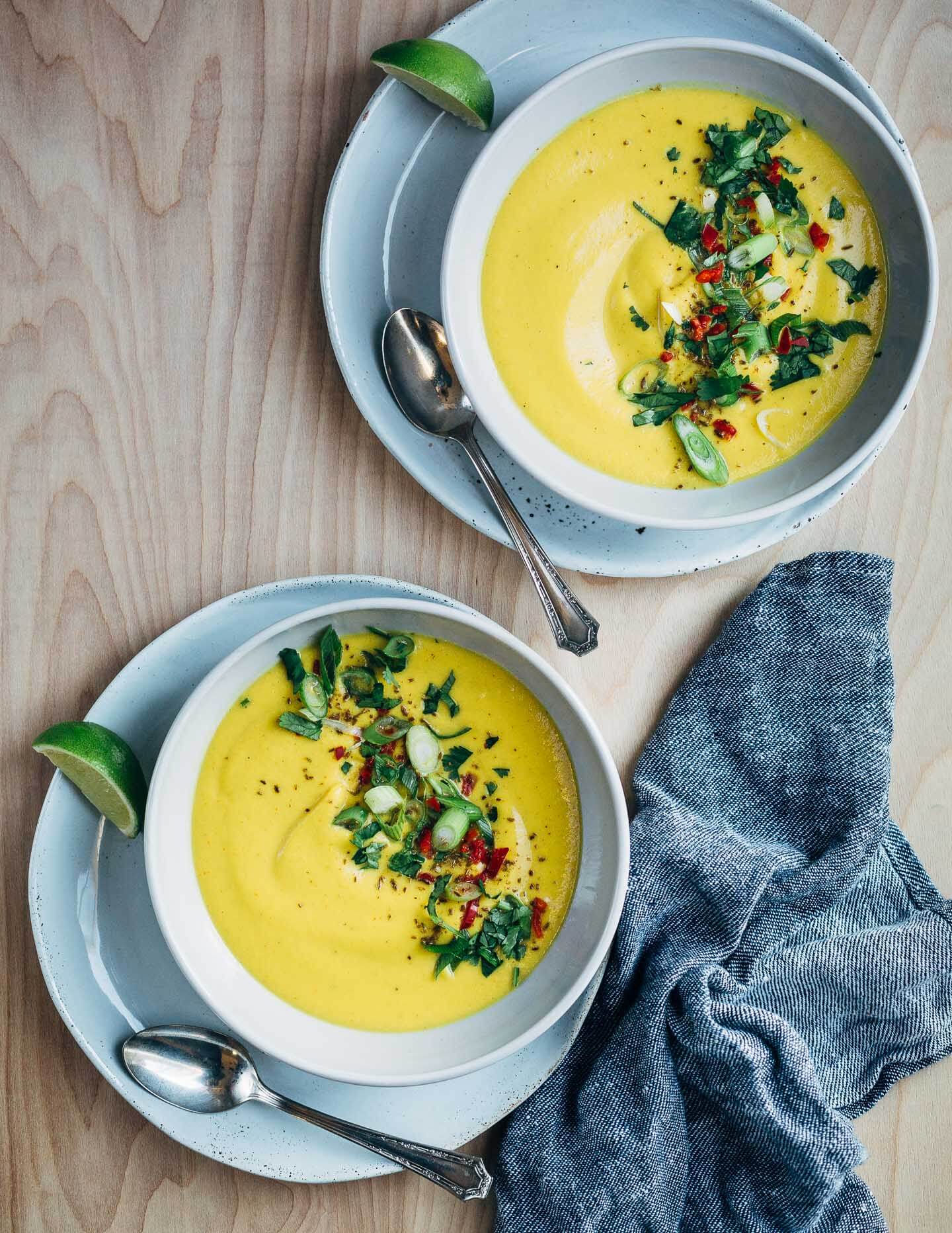 Simple cauliflower soup with turmeric and cumin, garlic, and red chilies. 