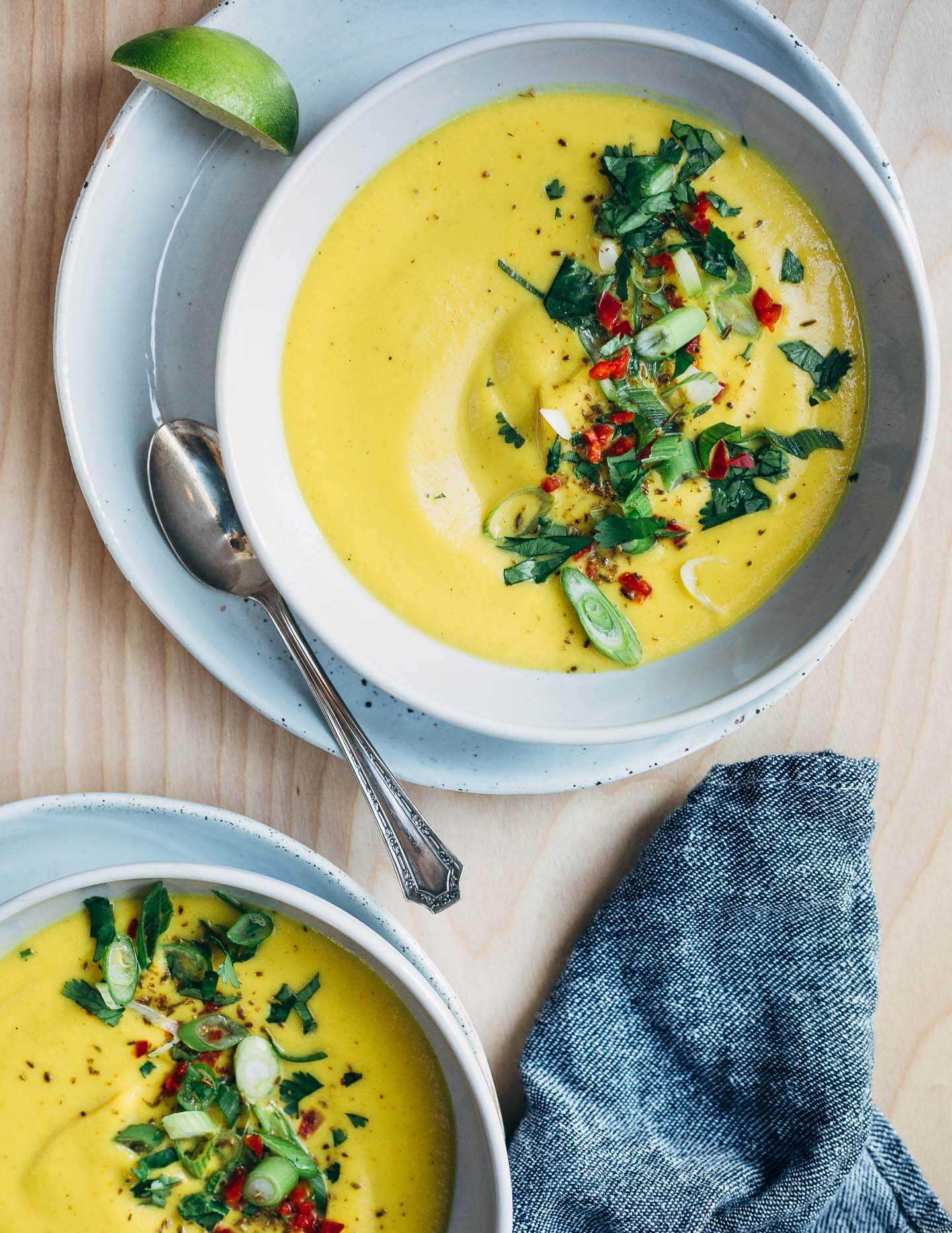 Vibrant flavors and stovetop ease make this simple cauliflower soup with turmeric and cumin an ideal counterpoint to winter's chill.