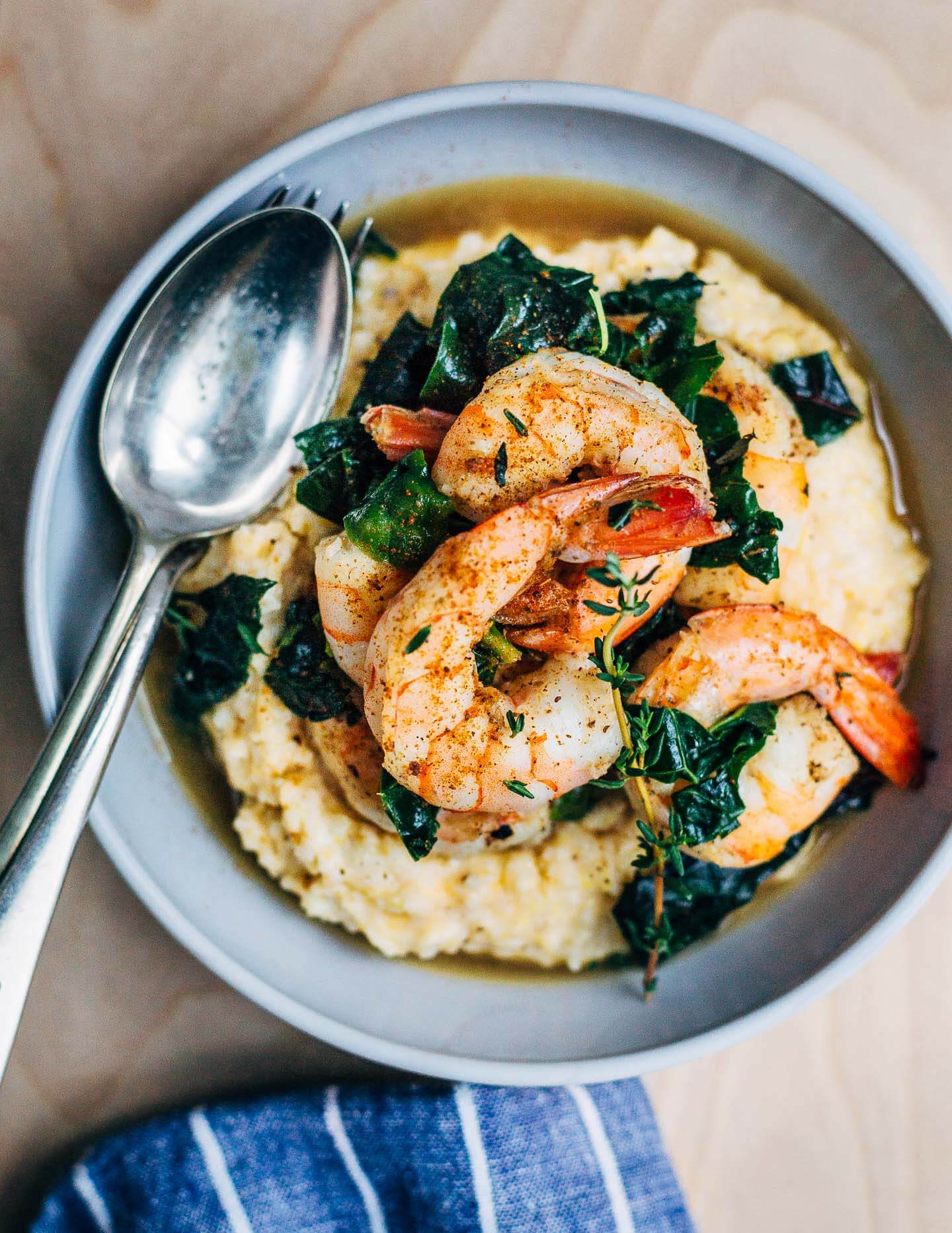 Shrimp and grits and greens, ready to serve. 
