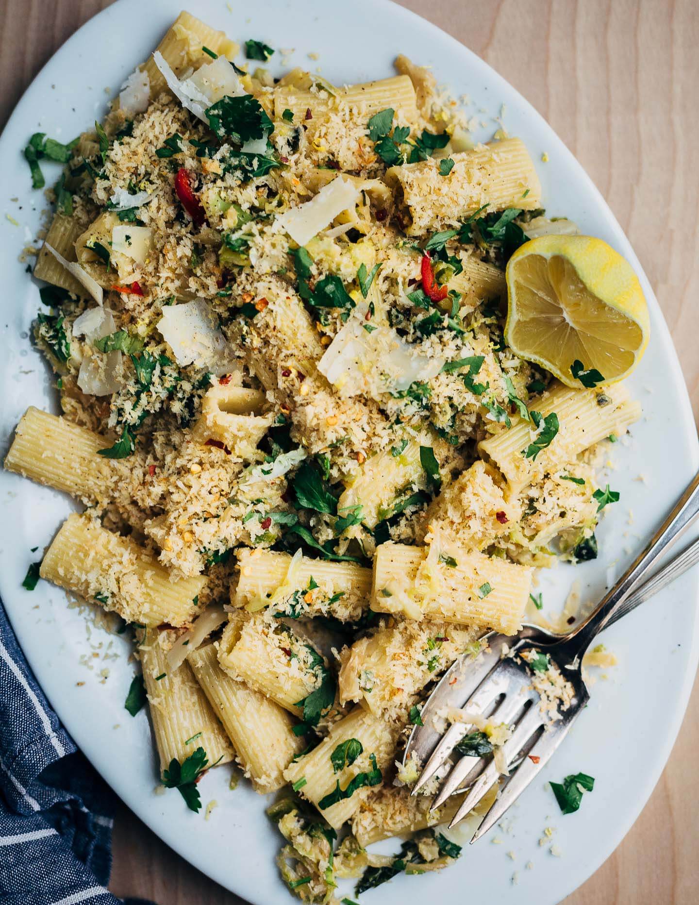 Caramelized Brussels sprout and cabbage pasta topped with crispy panko and parsley. 