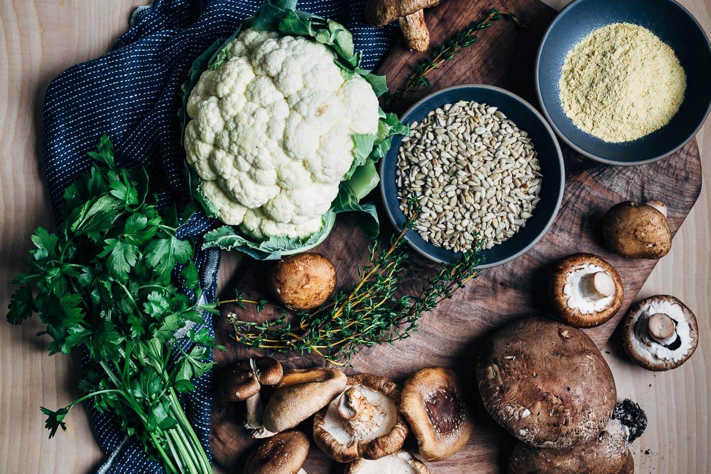 Ingredients for vegan pizza with cauliflower and mushrooms. 