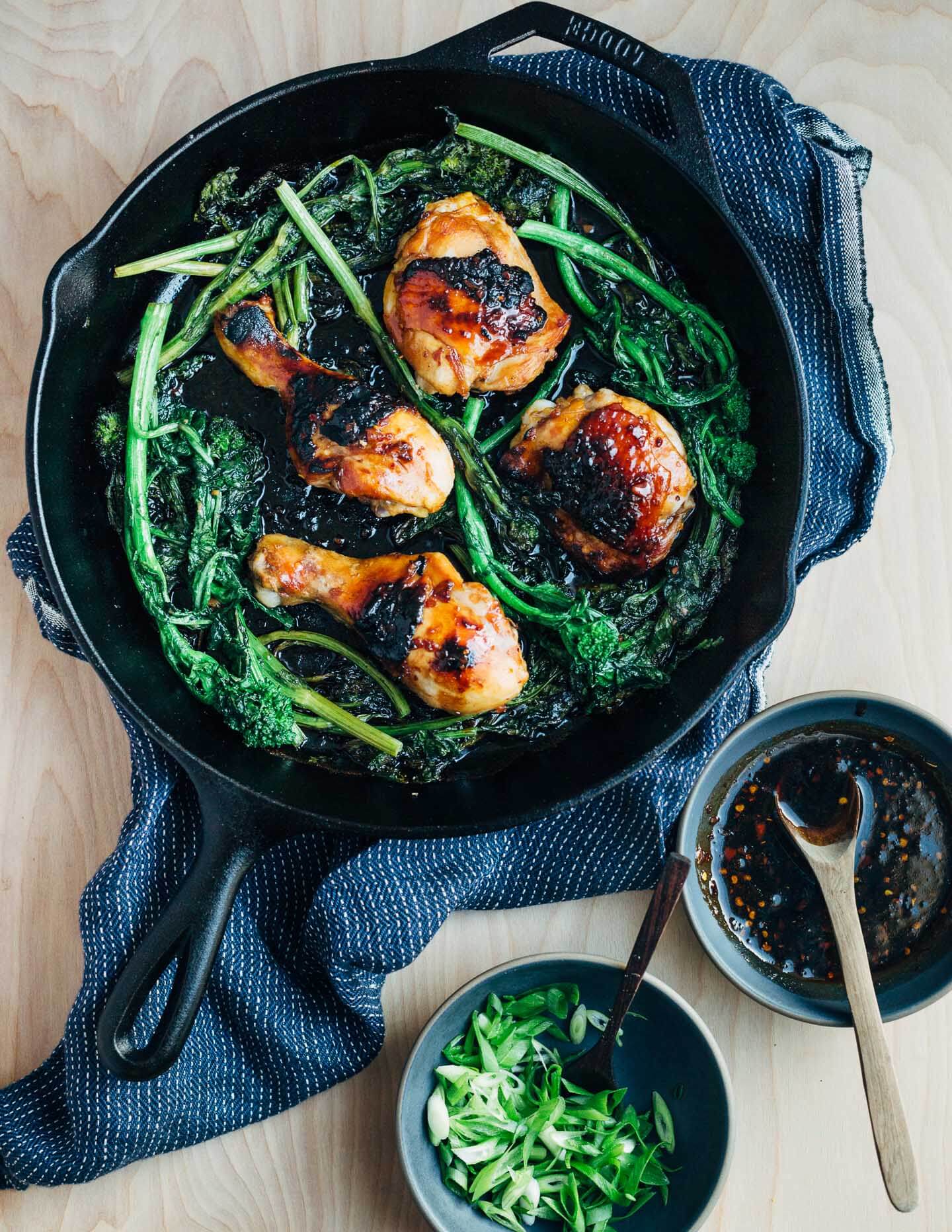 Honey-soy skillet chicken with broccoli rabe. 