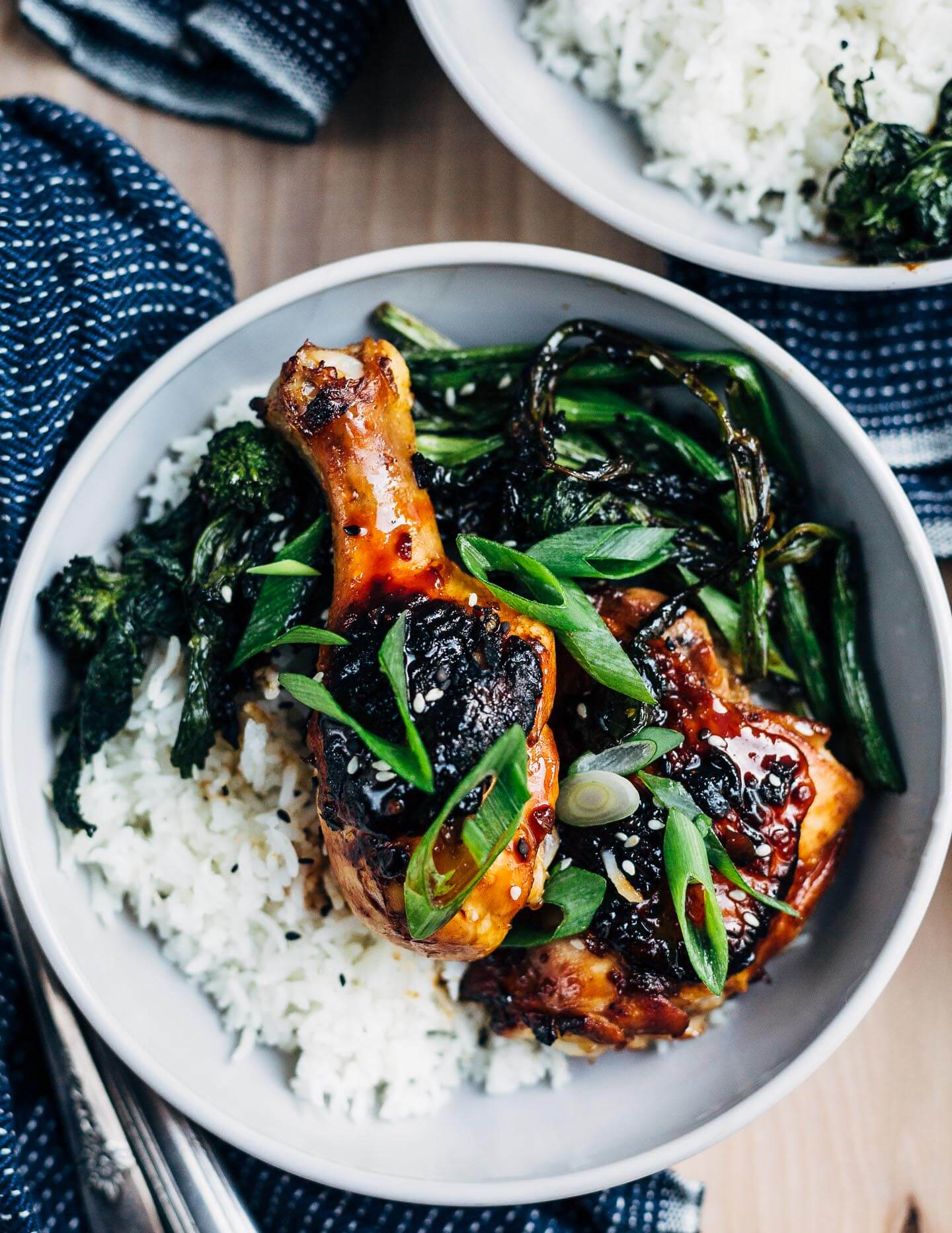 Chicken drumsticks and thighs glazed with honey-soy glaze. 