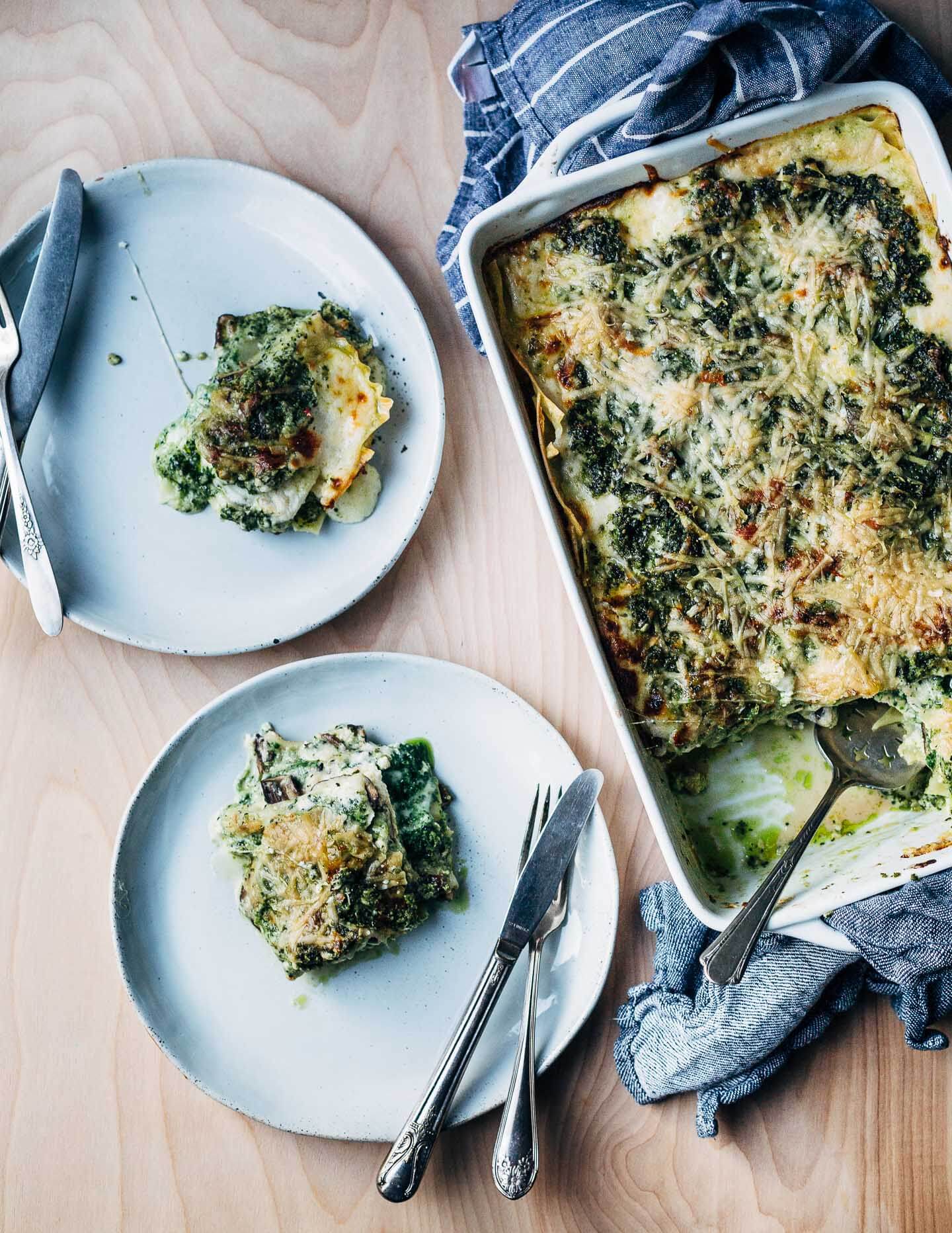 A savory vegetarian mushroom and pesto lasagna.