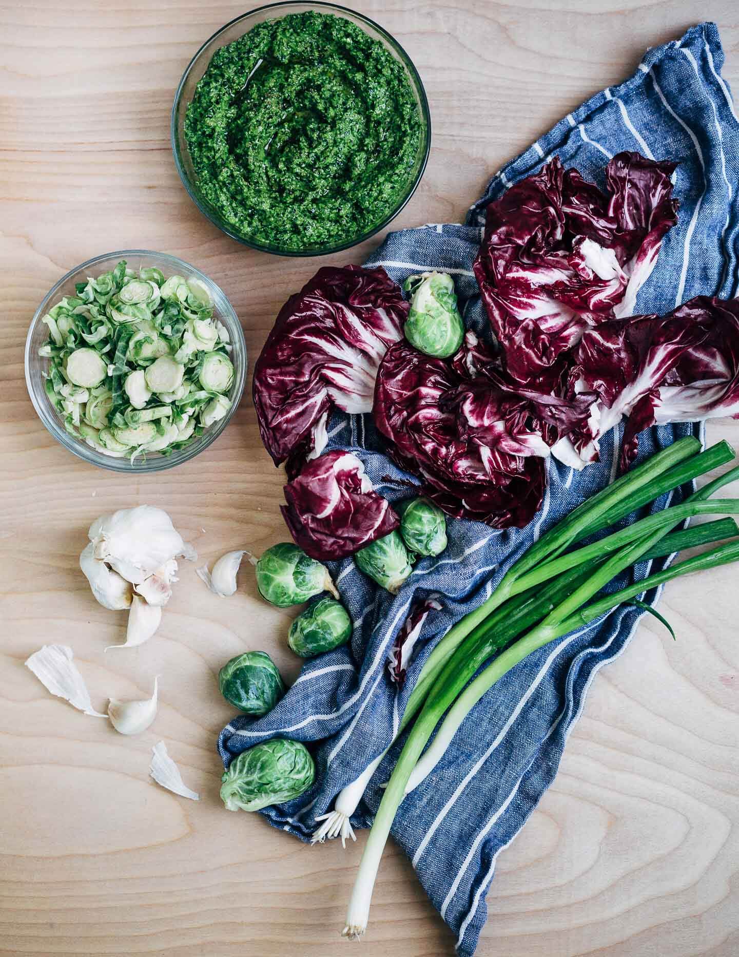 Kale pesto, Brussels sprouts, radicchio, garlic, and green onions