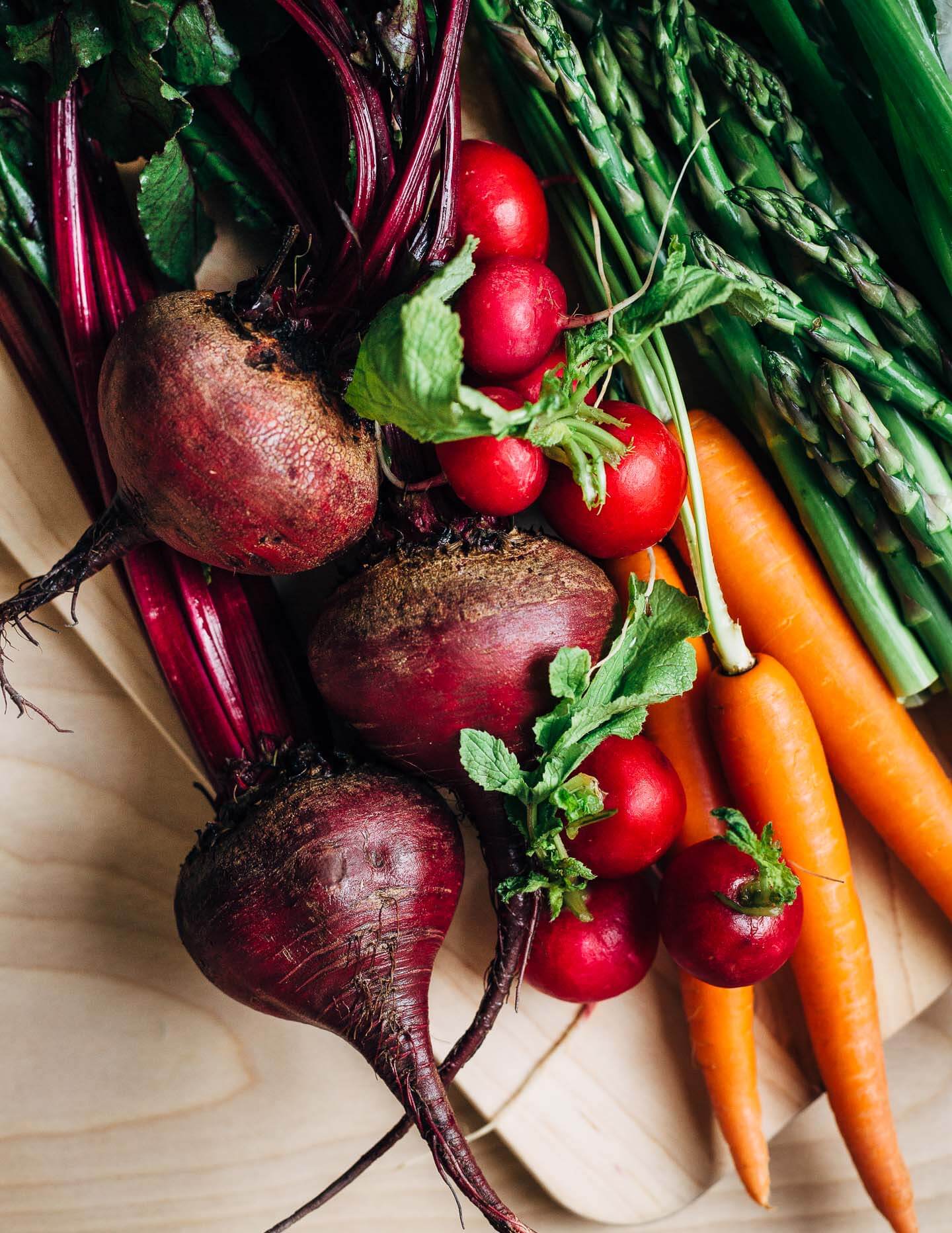 Spring produce, used to make plant-based beet tzatziki. 