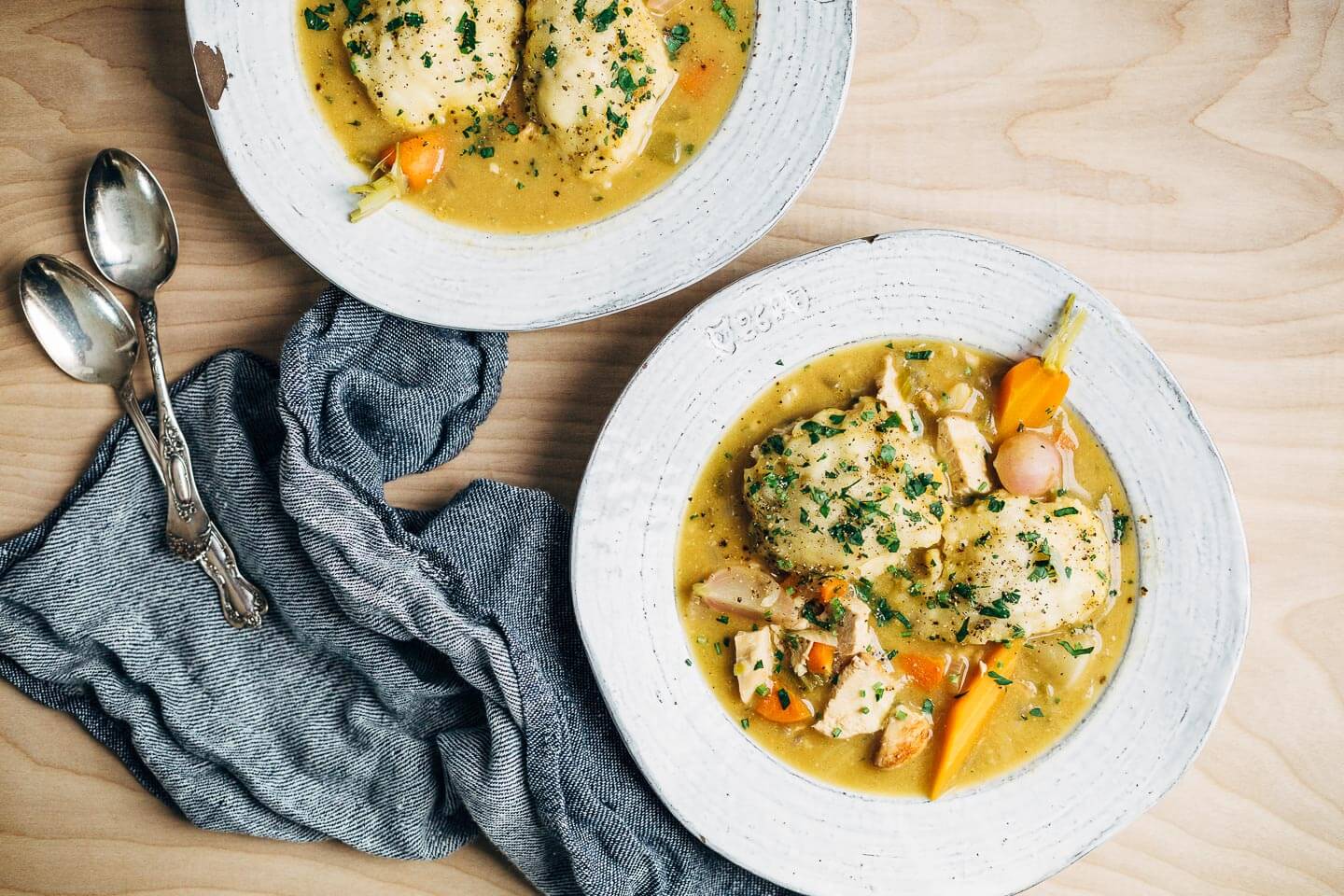 Chicken and dumpling sour made with spring carrots, radishes, and turnips. 