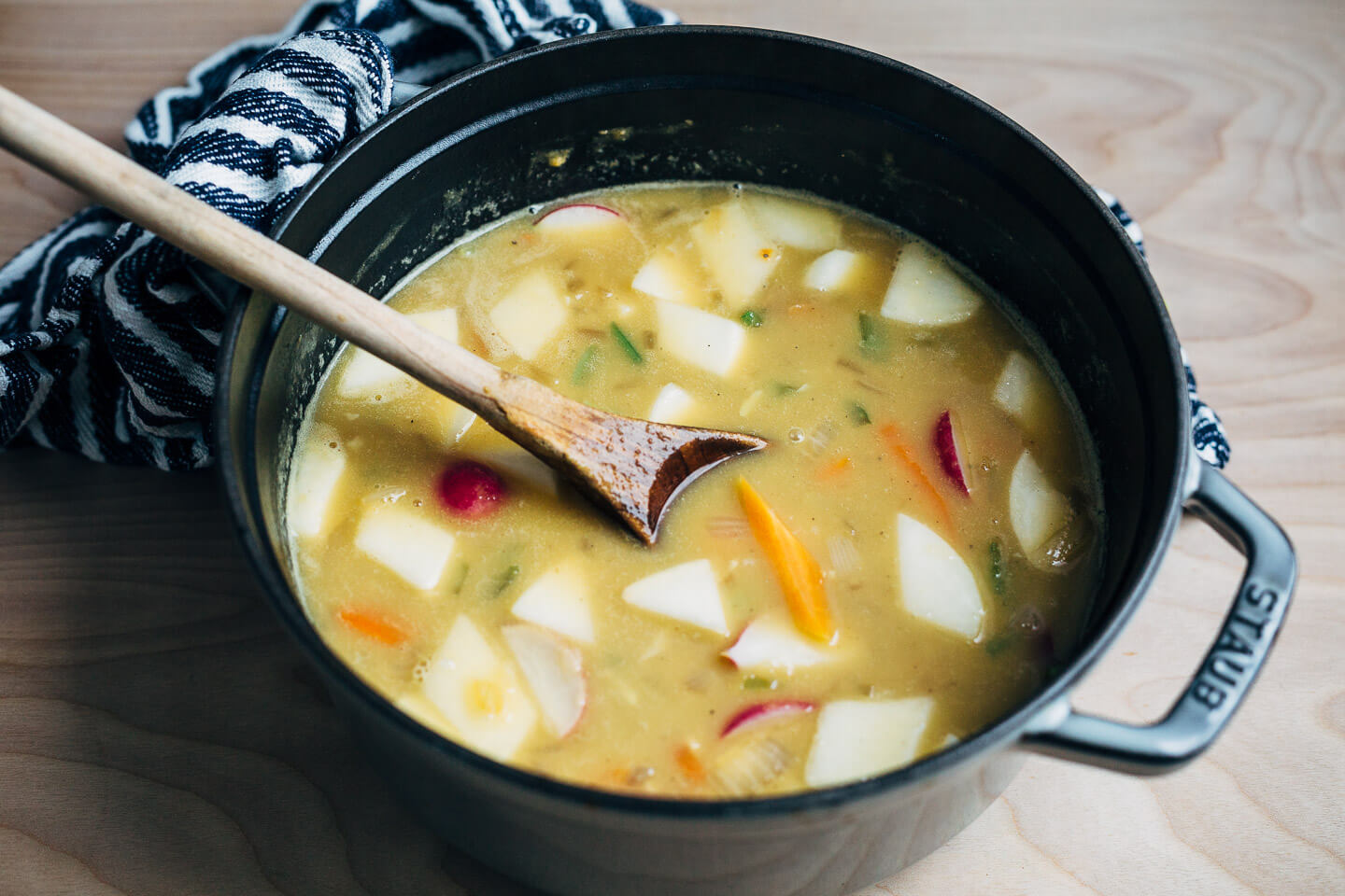 Chicken soup with spring vegetables.