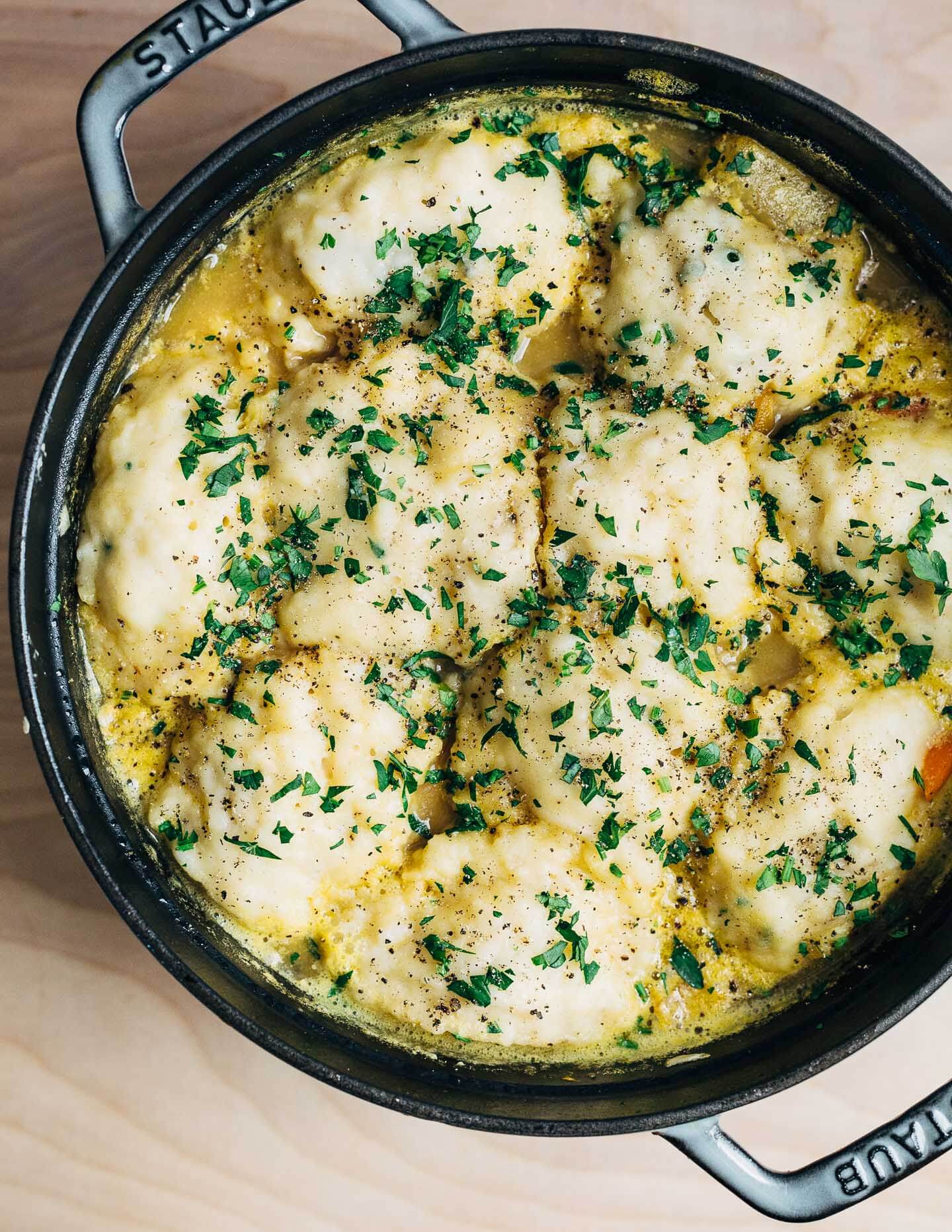 A simplified springtime spin on traditional chicken and dumpling soup made with fresh chives, young carrots, turnips, and radishes.