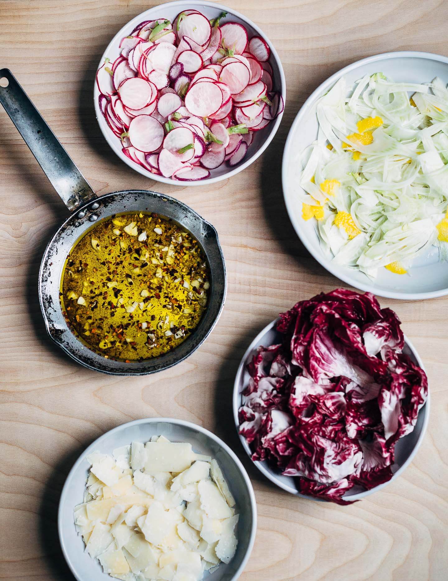 Shaved radish and Parmesan salad ingredients, ready to assemble. 