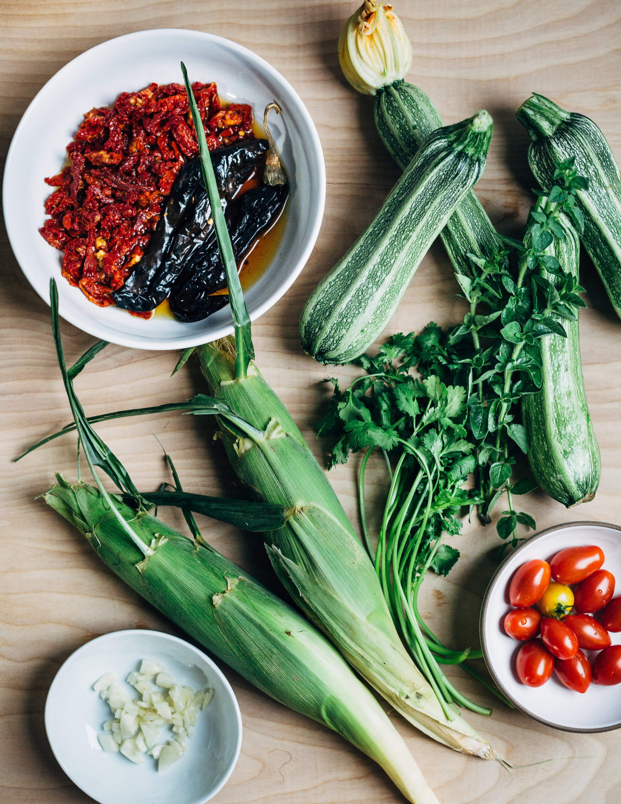 Dried chilies, summer corn, and zucchini