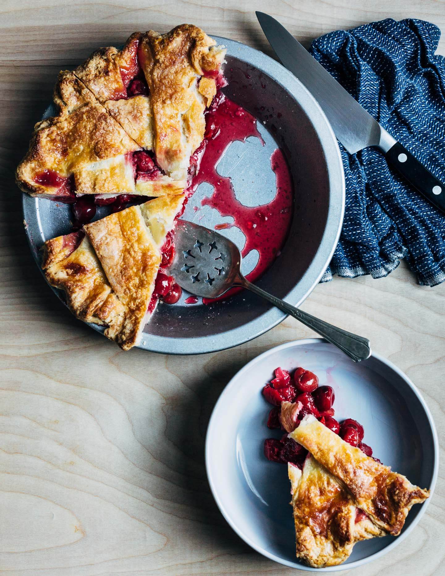 Lattice top sour cherry pie with a flaky, all butter crust. 