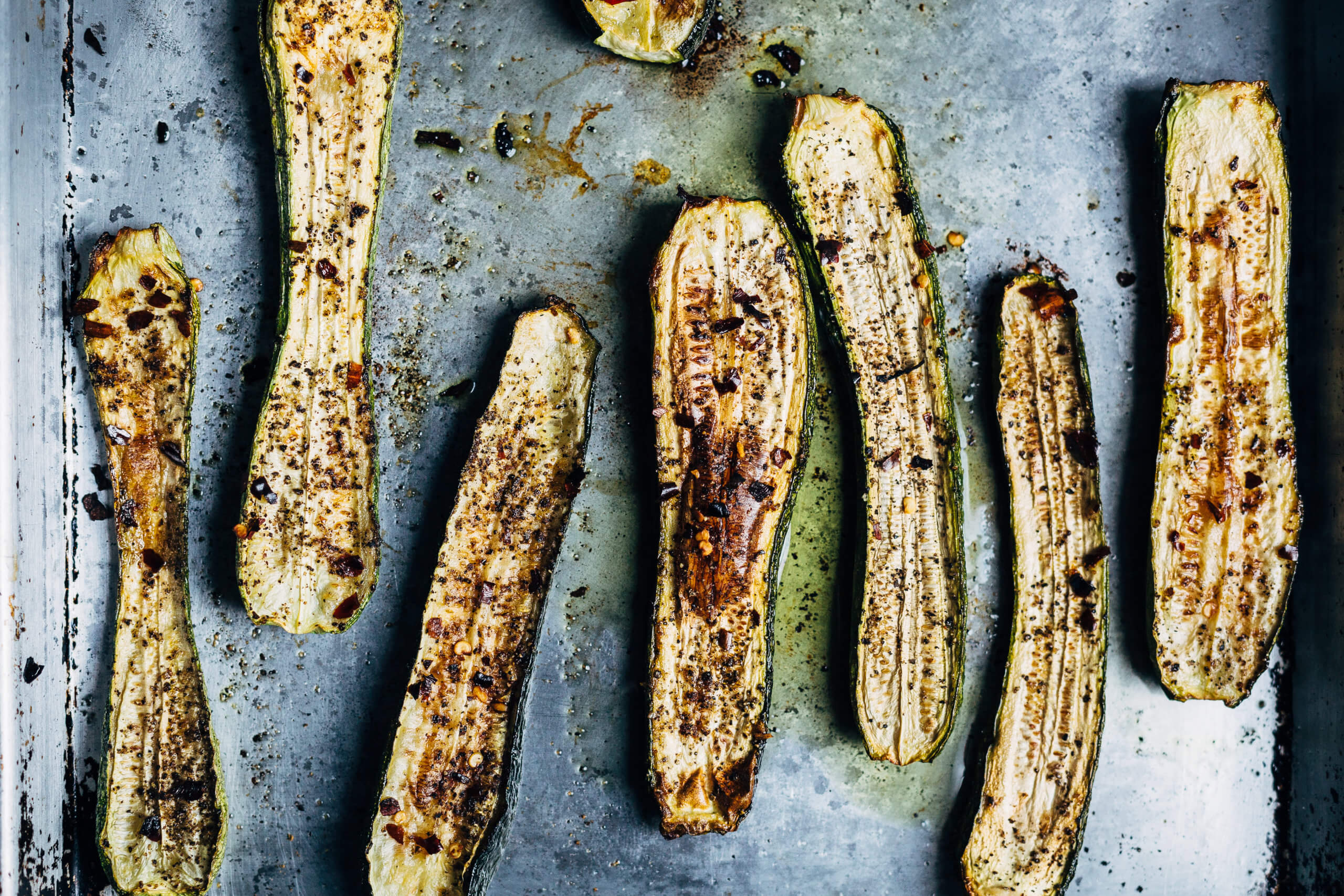 Roasted zucchini with red pepper flakes and olive oil. 