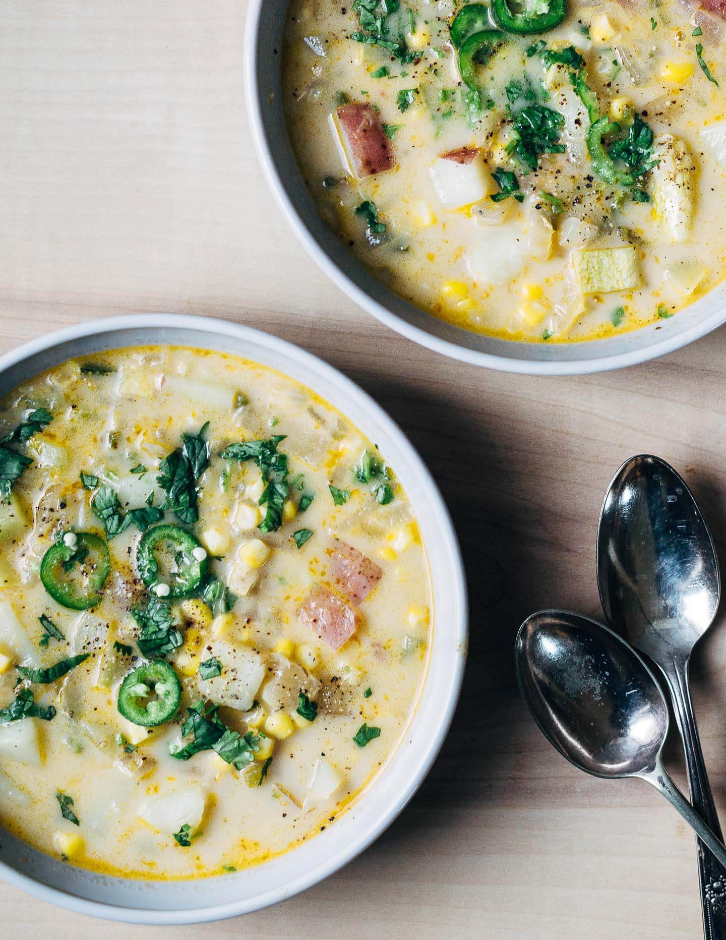 A rich, garden-inspired vegan coconut milk corn chowder with spicy jalapenos and handfuls of vegetables that feels just right for these last summer days. 