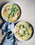 A rich, garden-inspired vegan coconut milk corn chowder with spicy jalapenos and handfuls of vegetables that feels just right for these last summer days.