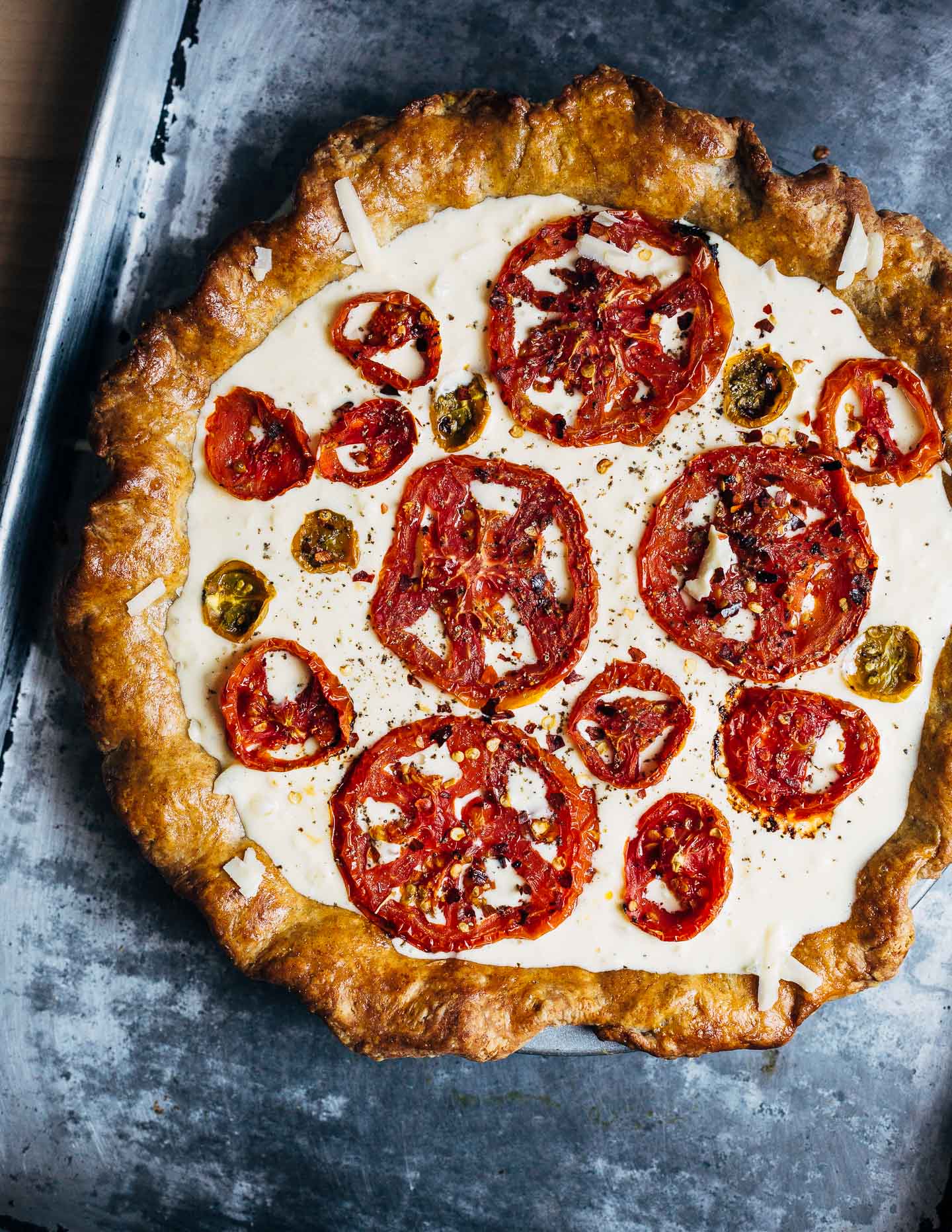 Roasted tomato pie, ready for the oven. 