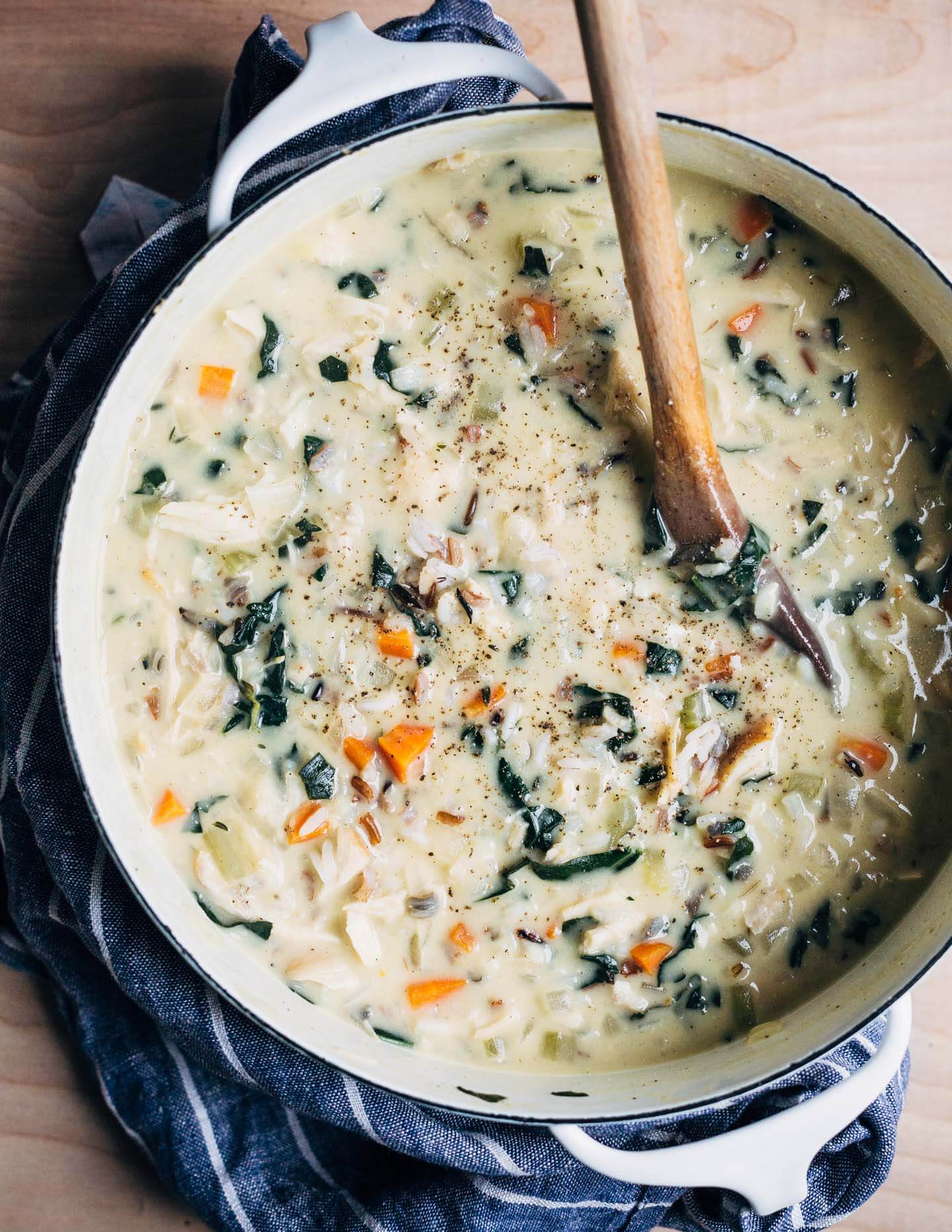 Chicken and wild rice soup with kale ribbons and lots of black pepper. 