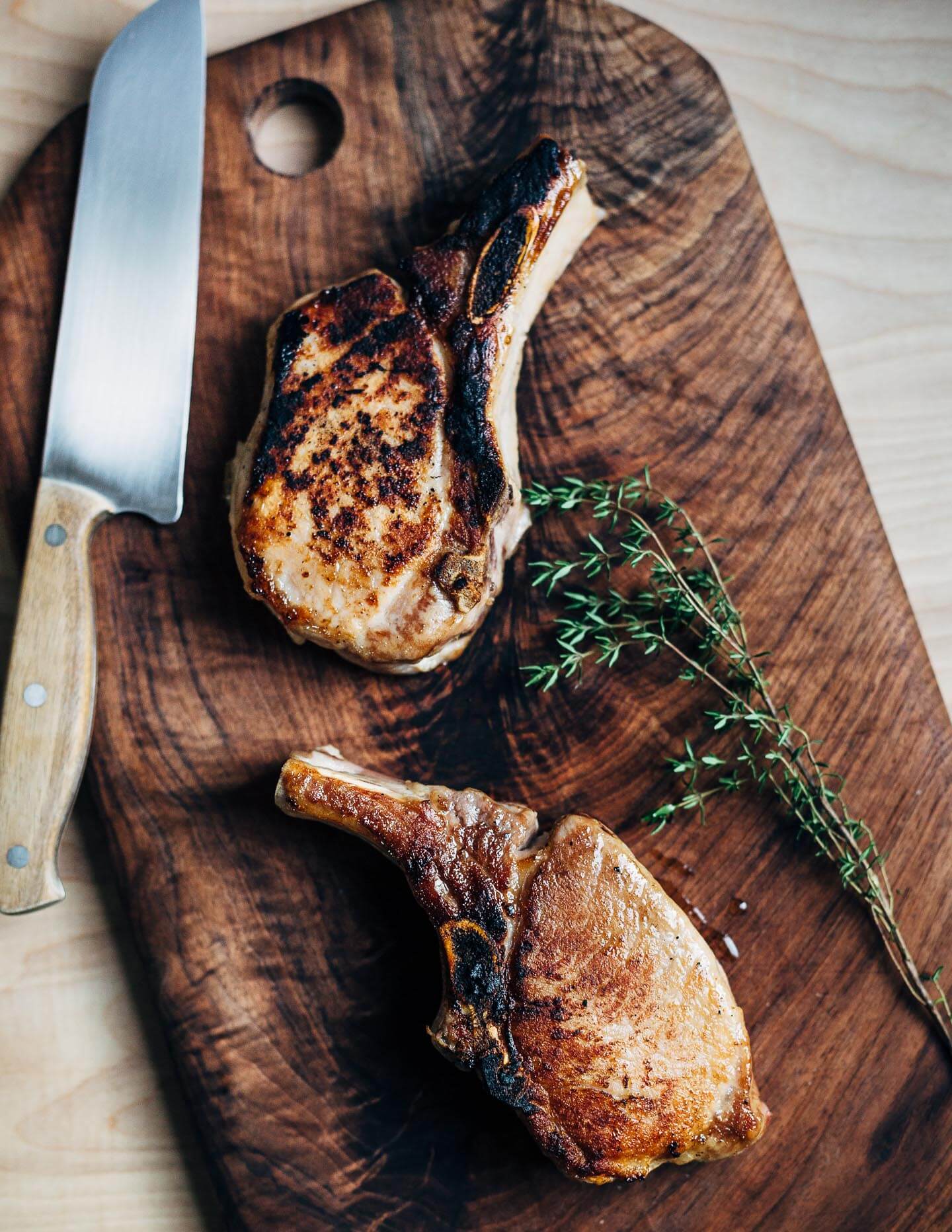 Bone-in pork chops cooked with the reverse sear method. 