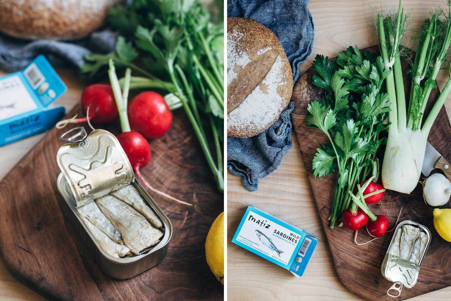 Tinned sardines, plus all the fixings for an effortless dinner spread. 