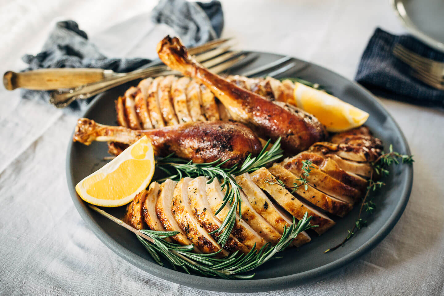Rosemary-orange turkey, carved and ready to serve. 