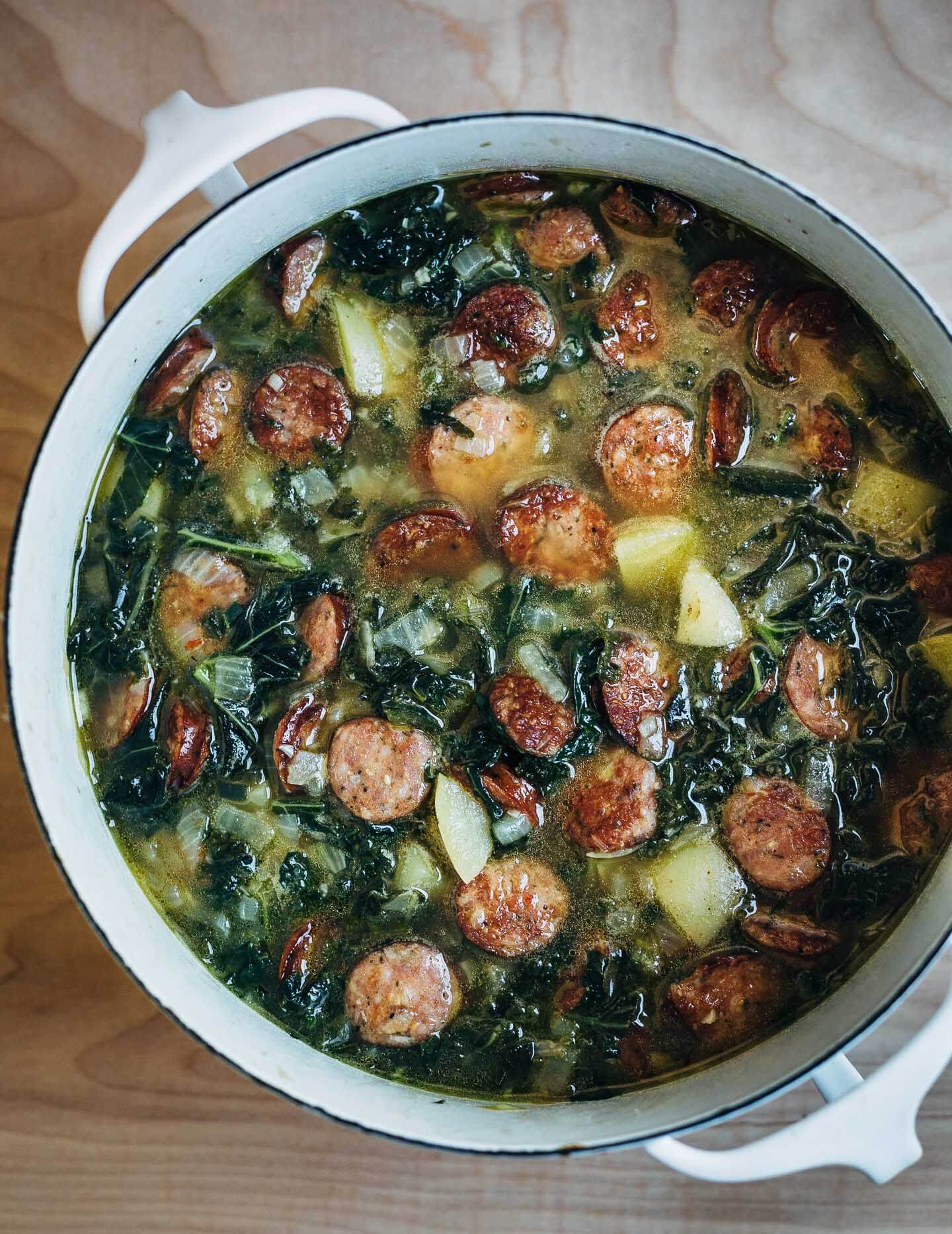 A big pot of sausage and kale stew.