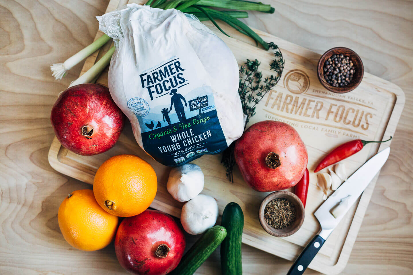 Ingredients for a whole roasted chicken with pomegranate