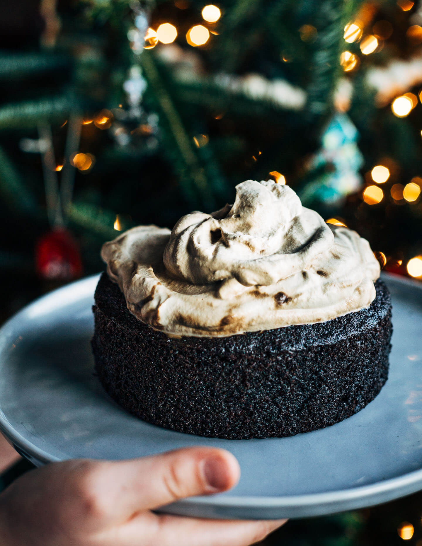 Gingerbread cake in front of the Christmas tree. 