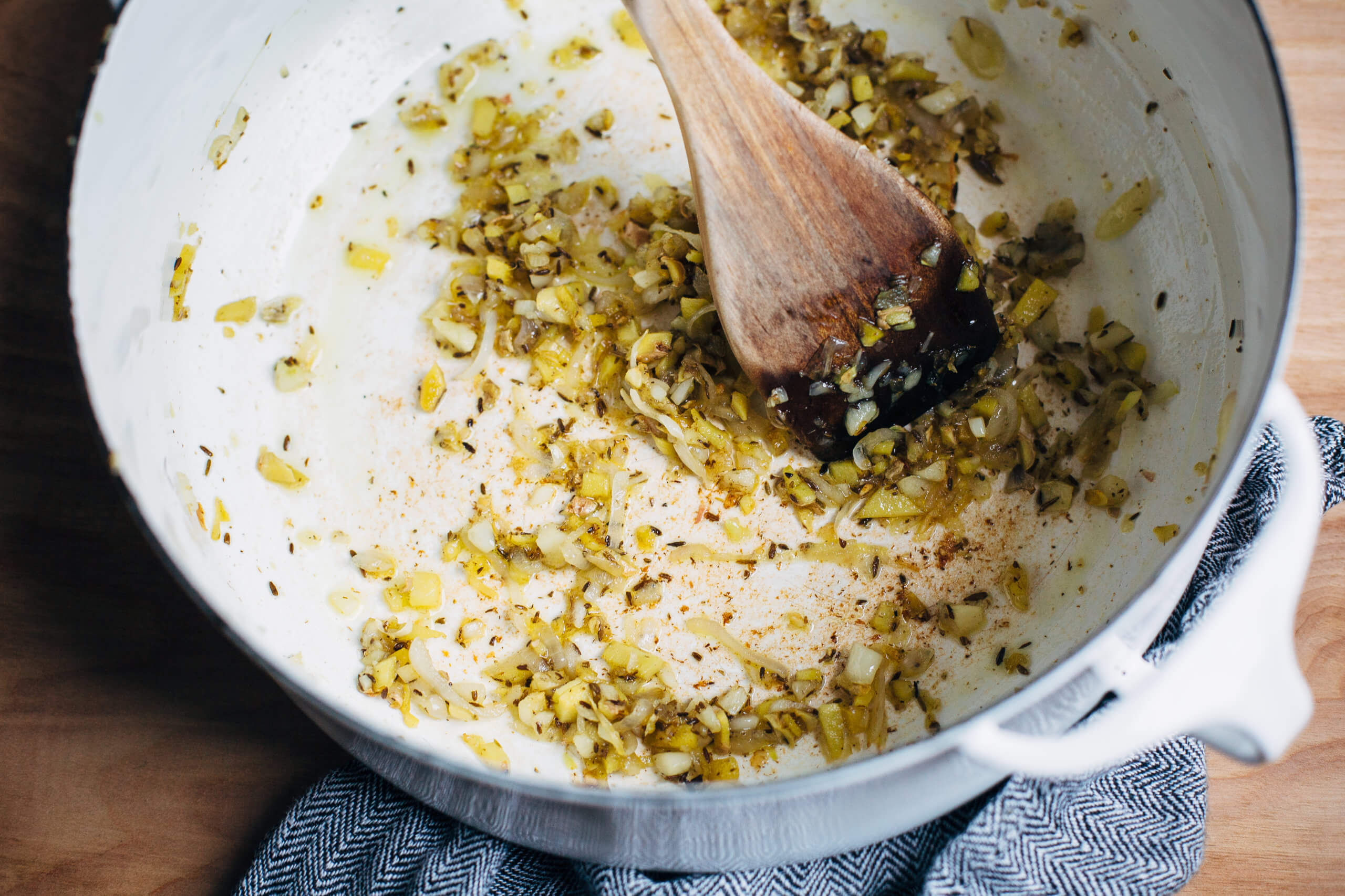 Sautéed ginger, shallot, and garlic. 