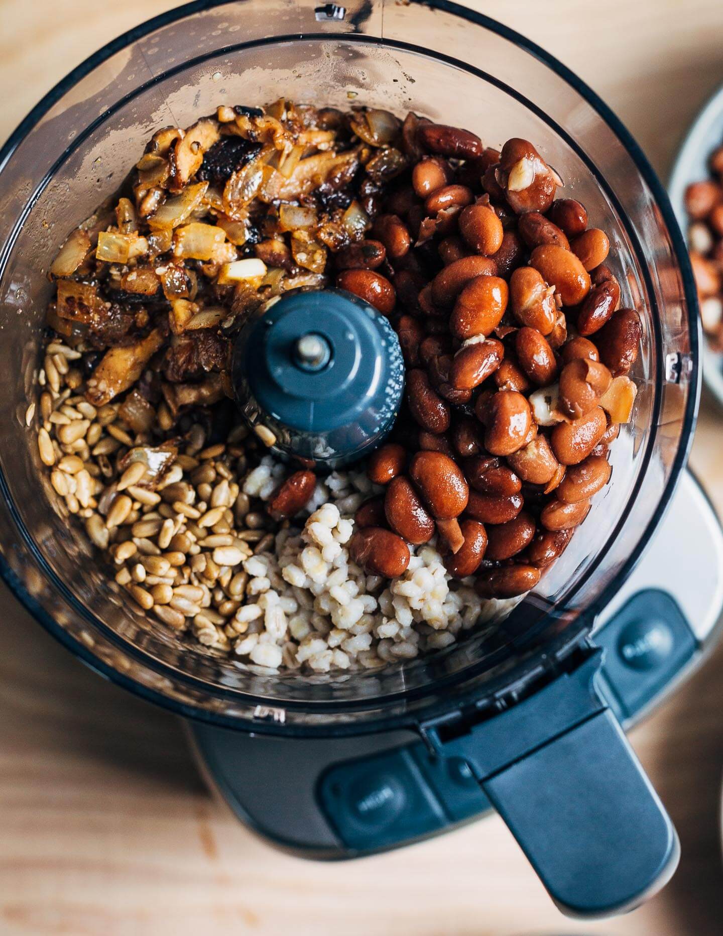 Veggie burger ingredients in the food processor. 