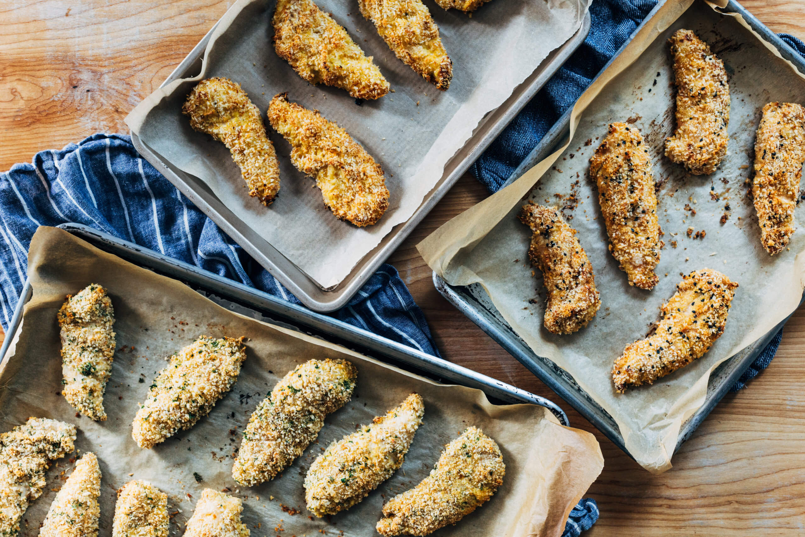 Baked chicken tenders 3 ways: garlic and herb, sesame-ginger, and honey mustard. 