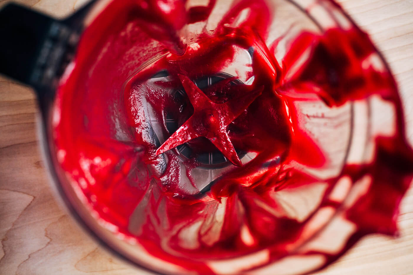 View of the pitcher with beet soup puree. 