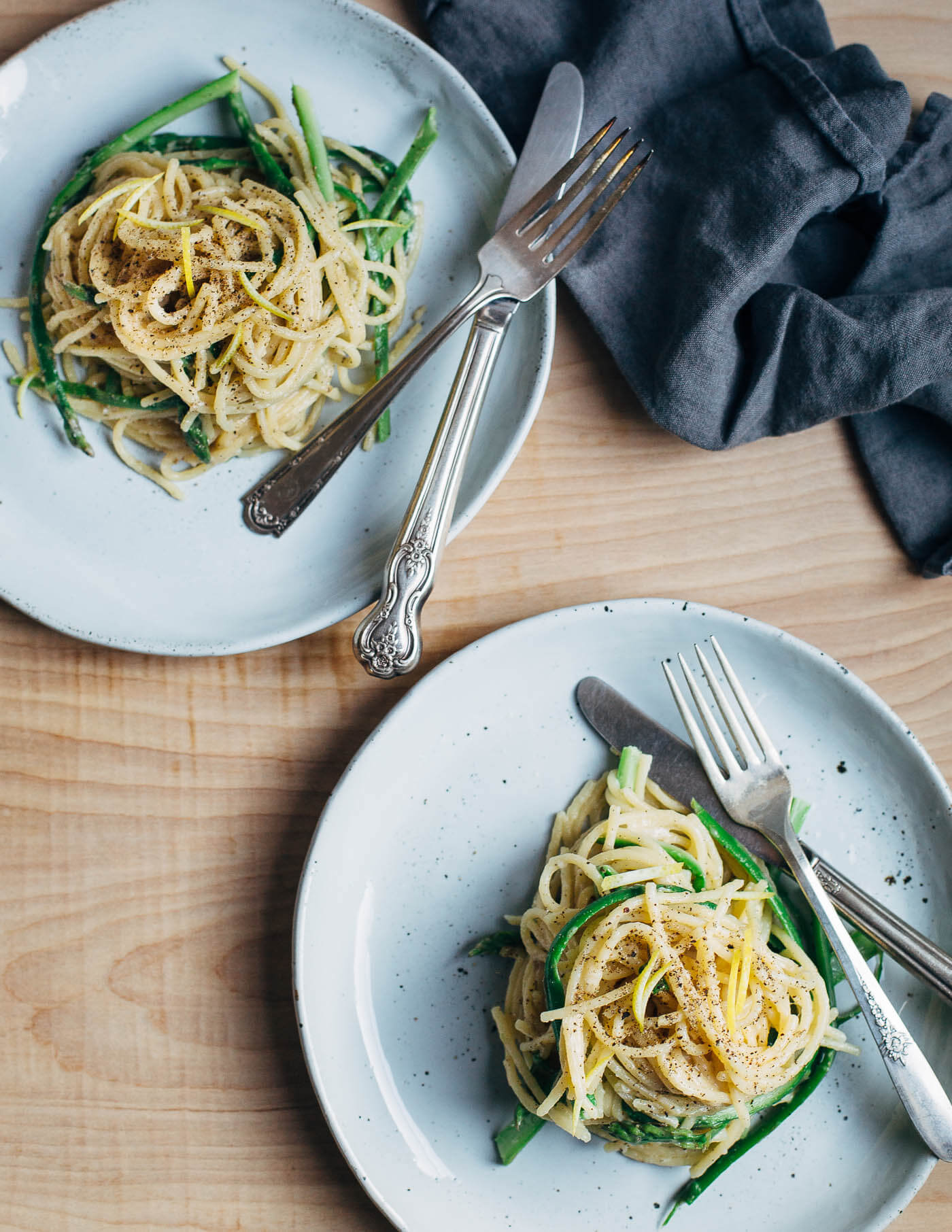 Cacio e pepe with asparagus offers a springtime twist on the classic pasta dish. The dish comes together quickly for weeknight ease and hits all the right notes with peppery, creamy spaghetti and tender spring asparagus.