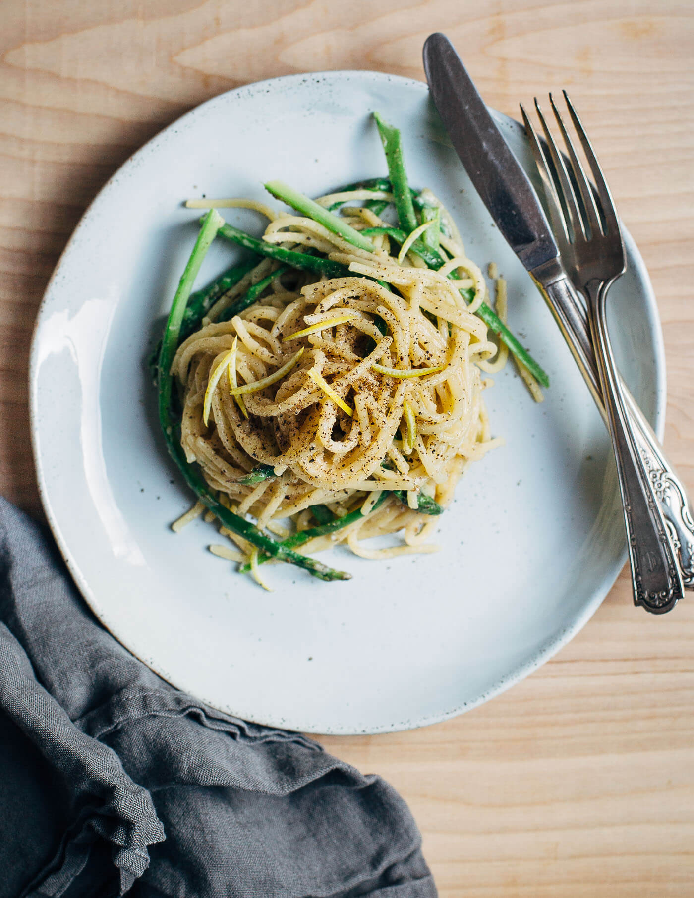 Cacio e pepe with asparagus offers a springtime twist on the classic pasta dish. The dish comes together quickly for weeknight ease and hits all the right notes with peppery, creamy spaghetti and tender spring asparagus.