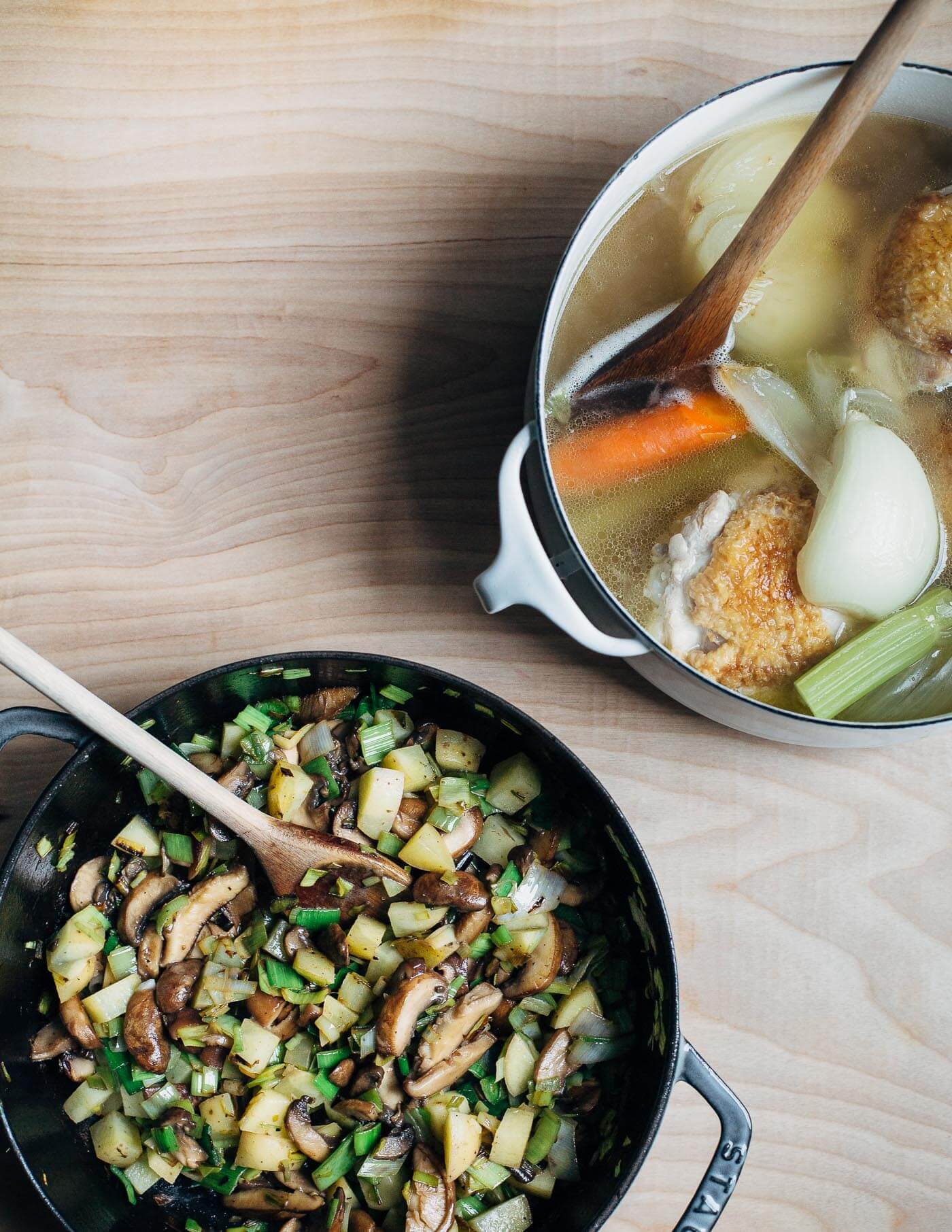 A quick chicken broth and sautéed mushrooms and leeks. 
