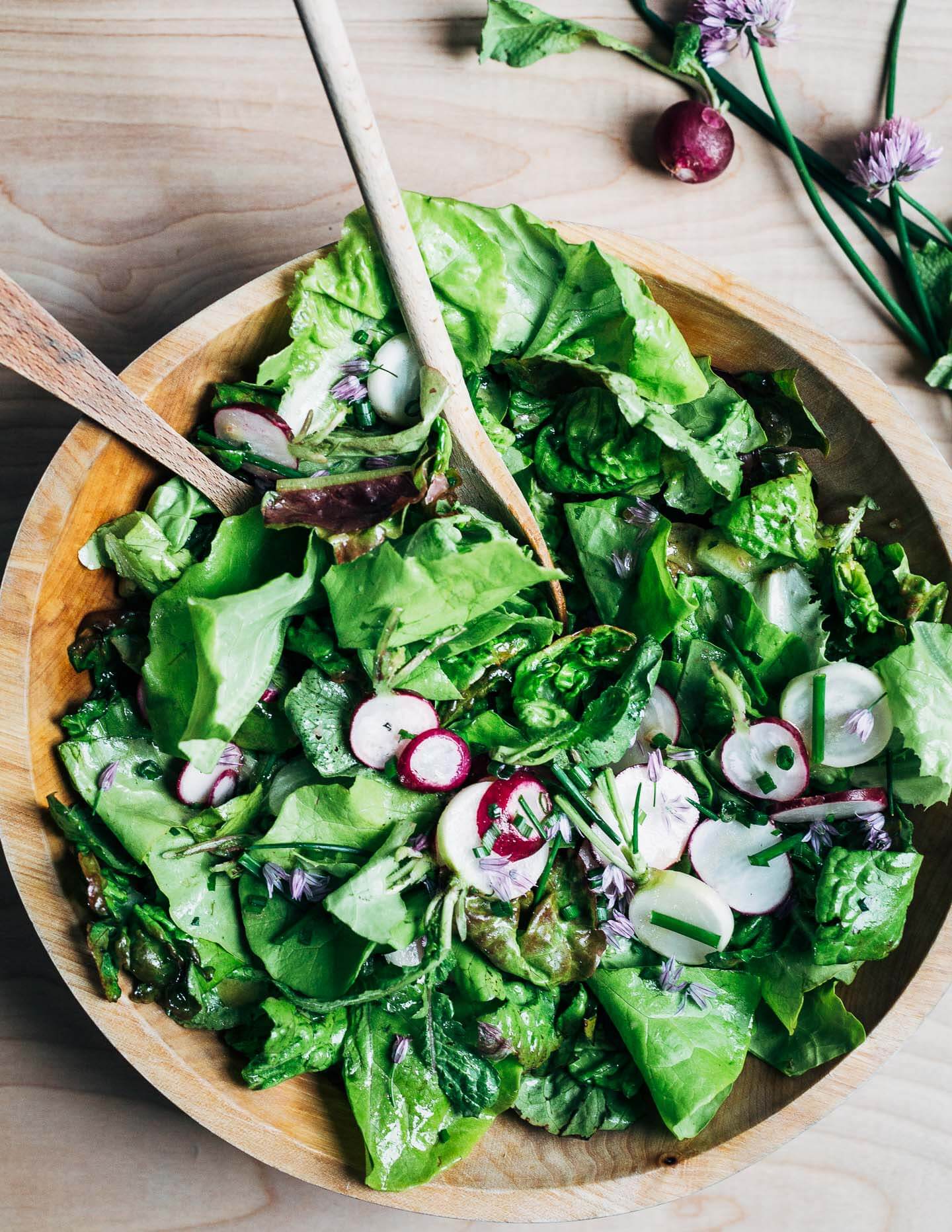 Tender lettues with sliced radishes and a classic vinaigrette. 