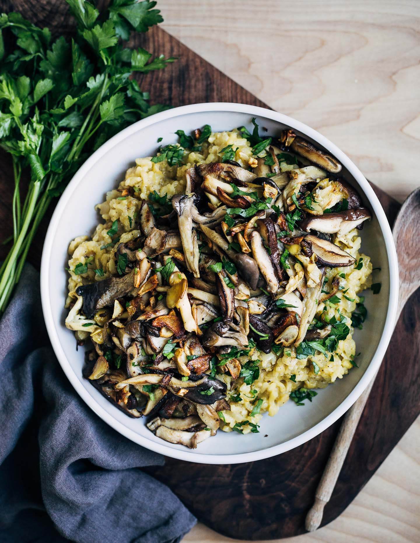 This creamy, umami-rich vegan risotto is made in an Instant Pot and topped with crispy-edged mushrooms and nutty toasted garlic.