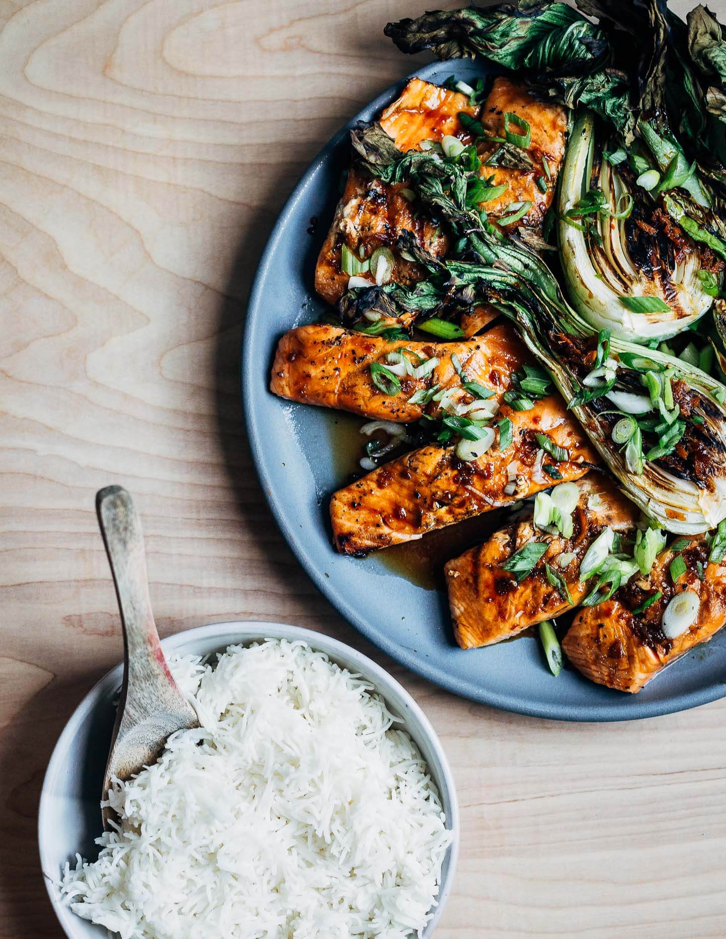 Grilled teriyaki salmon and bok choy, ready to serve. 