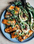 Simple, completely delicious summer cookout inspiration: teriyaki grilled salmon and bok choy.