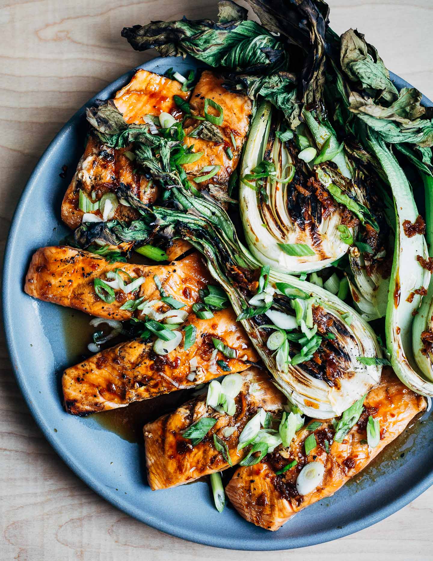 Simple, completely delicious summer cookout inspiration: teriyaki grilled salmon and bok choy.