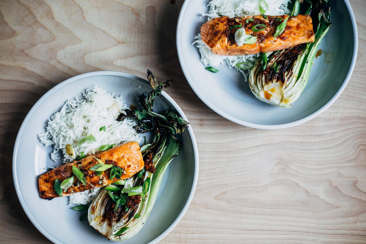 Grilled teriyaki salmon and bok choy, plated.