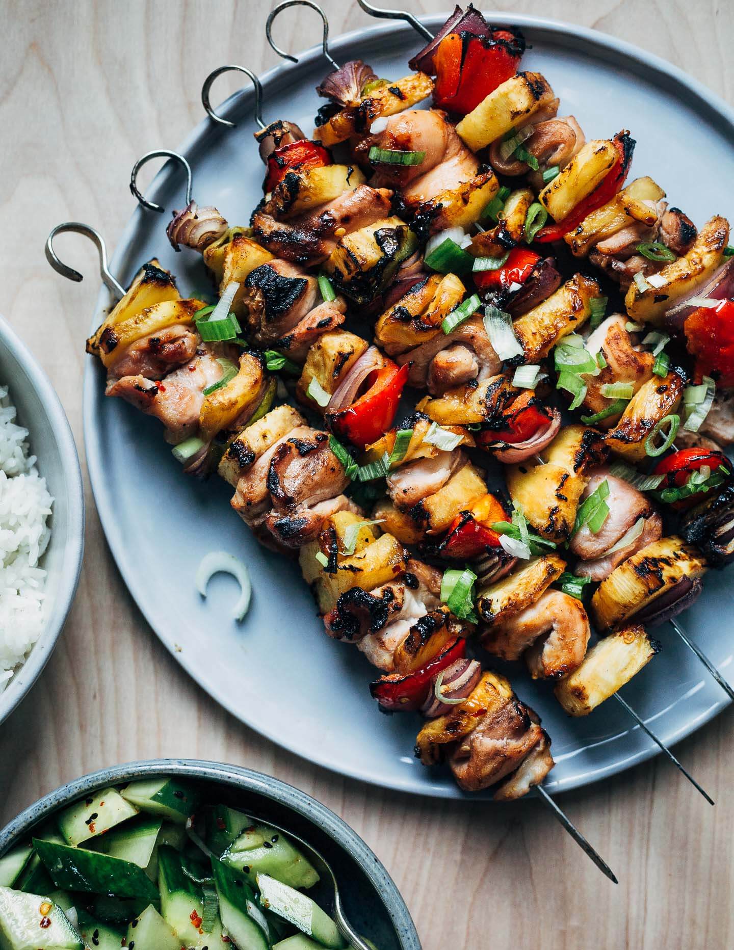 Sweet, savory, and perfectly charred, these easy grilled pineapple chicken kebabs are steeped in a brown sugar and lime marinade and grilled with bell peppers and red onions.