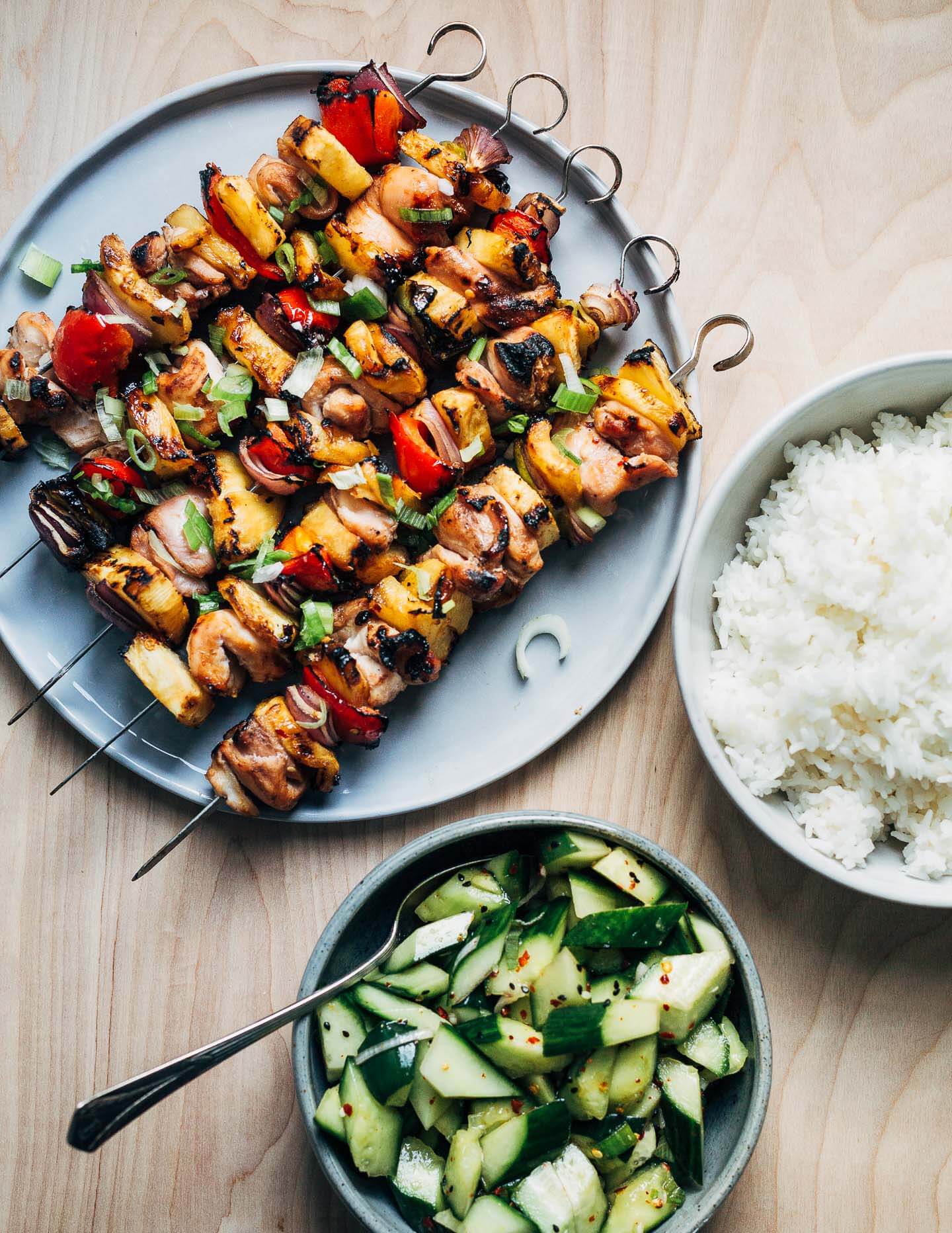 Sweet, savory, and perfectly charred, these easy grilled pineapple chicken kebabs are steeped in a brown sugar and lime marinade and grilled with bell peppers and red onions.