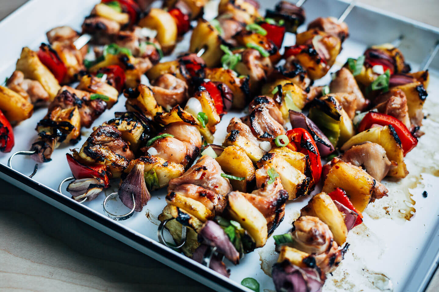 Grilled pineapple chicken kebabs right off the grill. 