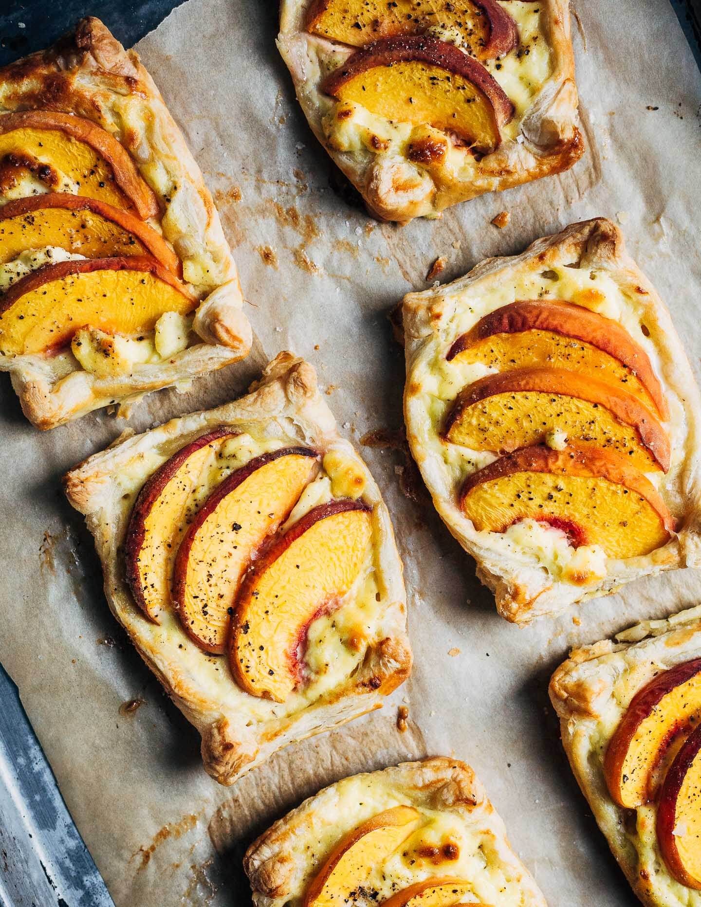 Savory peach and ricotta tarts, just out of the oven. 