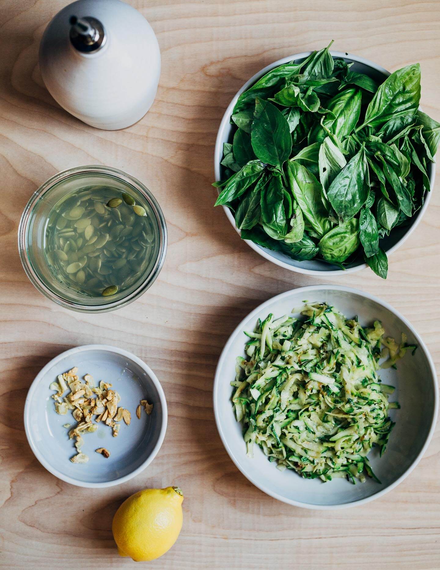 Zucchini pesto ingredients, prepped and ready to blend. 