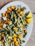 Nutty zucchini pesto with fresh basil leaves, toasted garlic, and crumbled Parmesan is just the thing to toss with noodles for a quick late summer dinner.