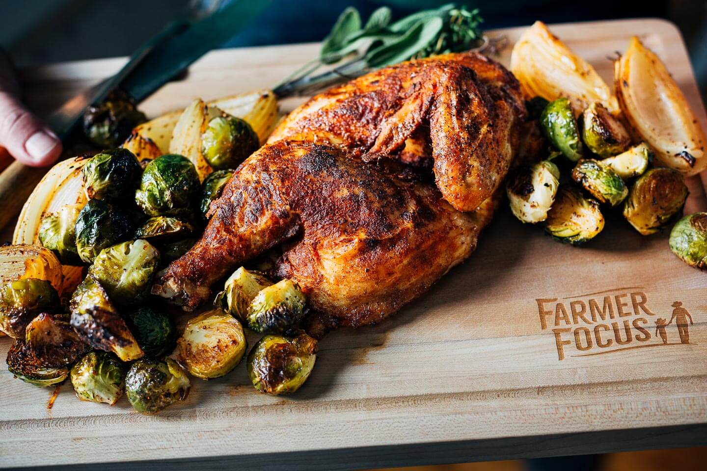 Roasted half chicken with vegetables, ready to serve. 