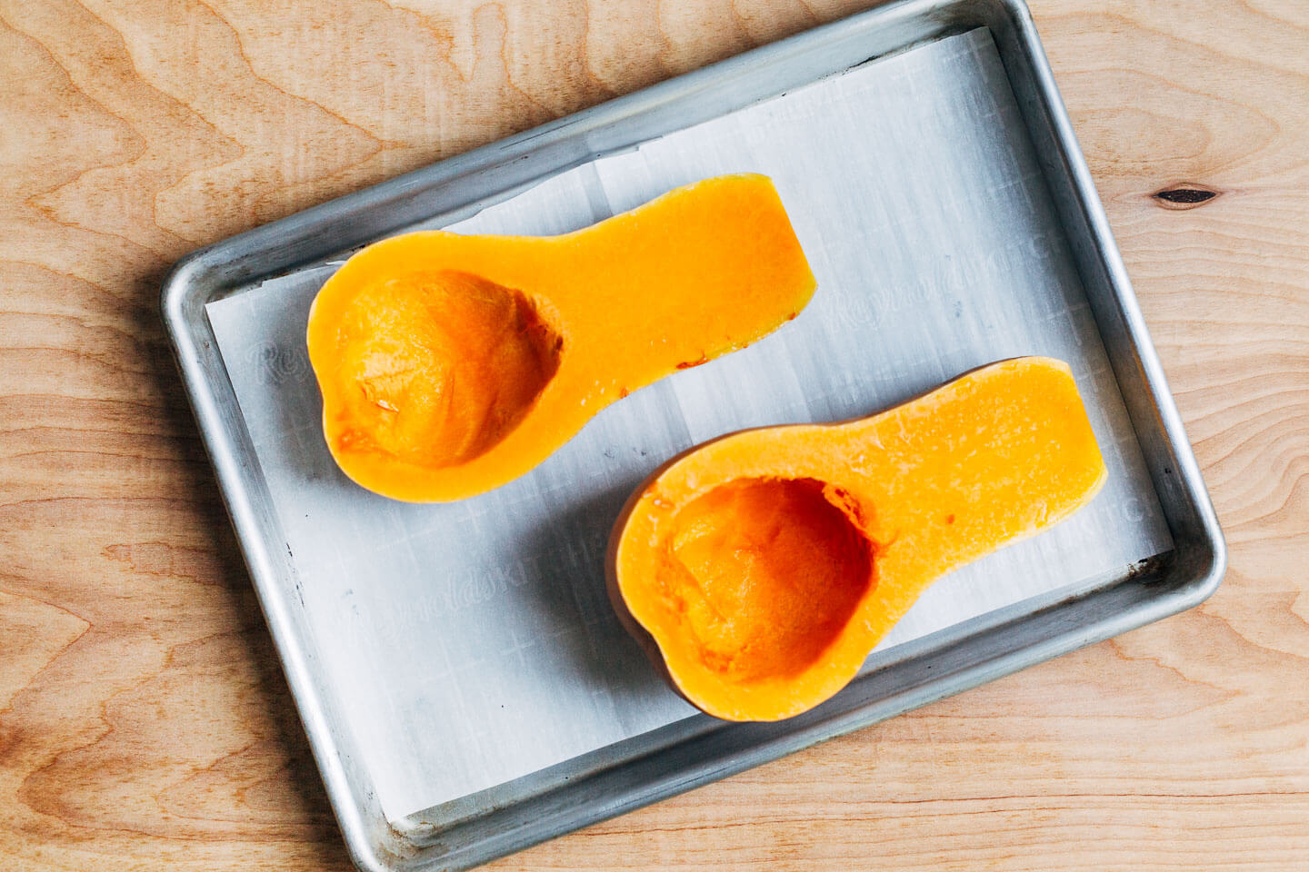 Butternut squash, prepped for roasting. 