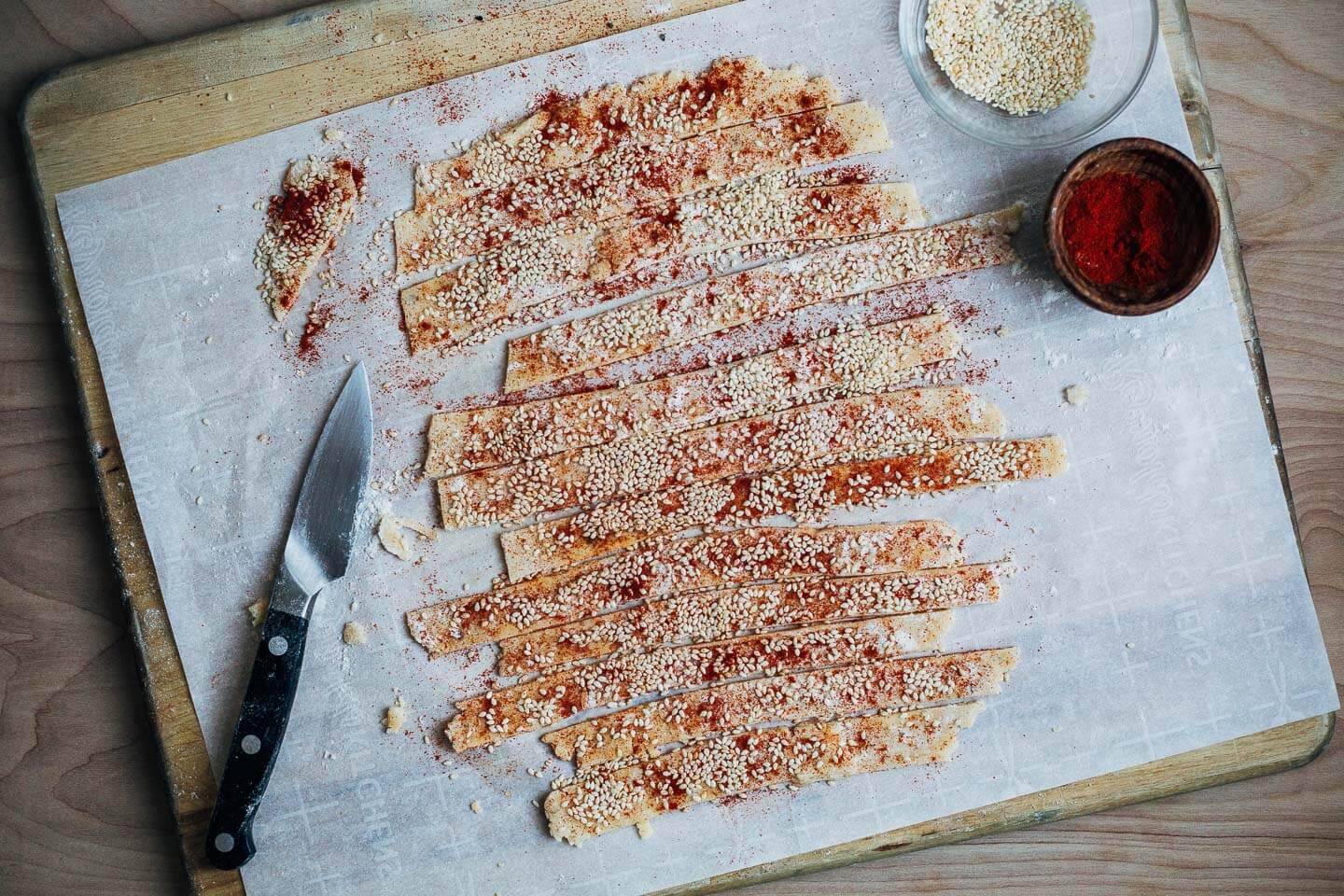 Making sesame and smoked paprika cheese straws. 